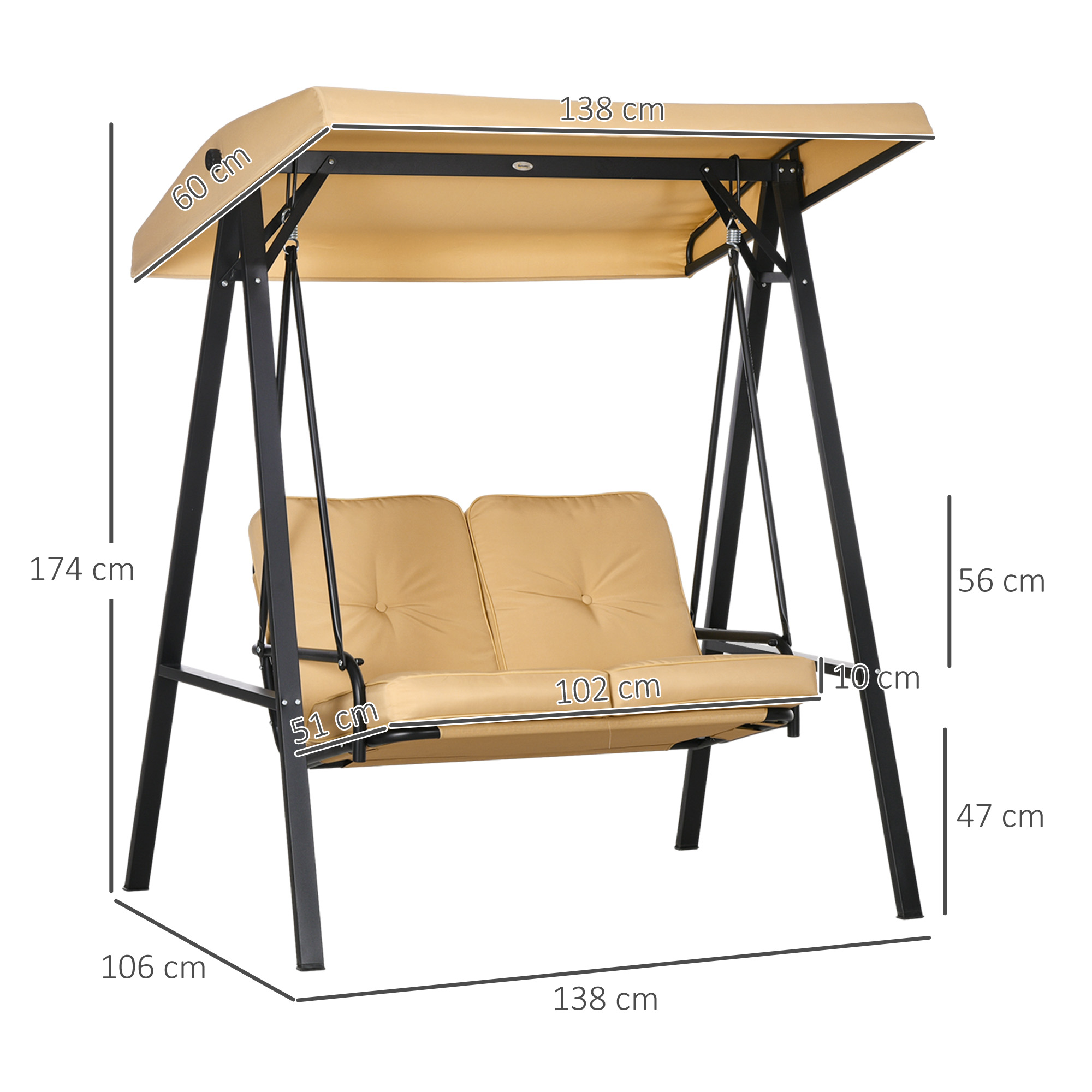 Hollywoodschaukel, 2-Sitzer Gartenschaukel mit verstellbarem Dach, bis 220 kg belastbar, 145 x 116 x 172 cm, Beige