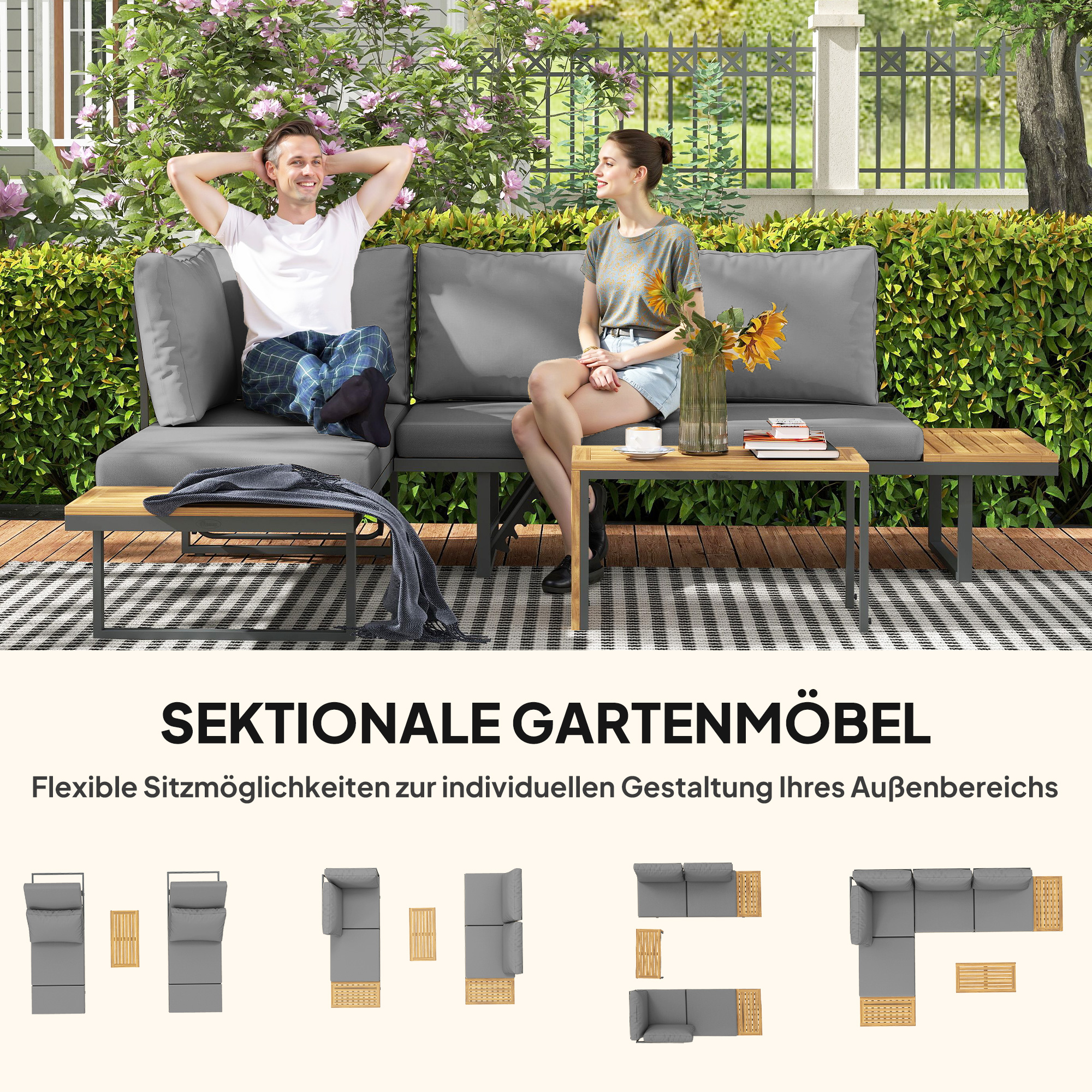 Außenmöbel-Set, auf 6 Sitze erweiterbar, L-förmige Outdoor-Sitzecke mit Tischen, Stahlrahmen, verstellbare Lehnen, Grau