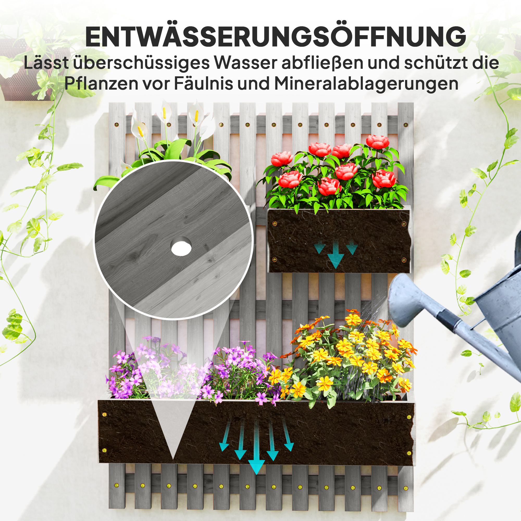 Blumenkasten-Set, Wandmontage, frei versetzbar, Massivholz, 60 x 16 x 80 cm