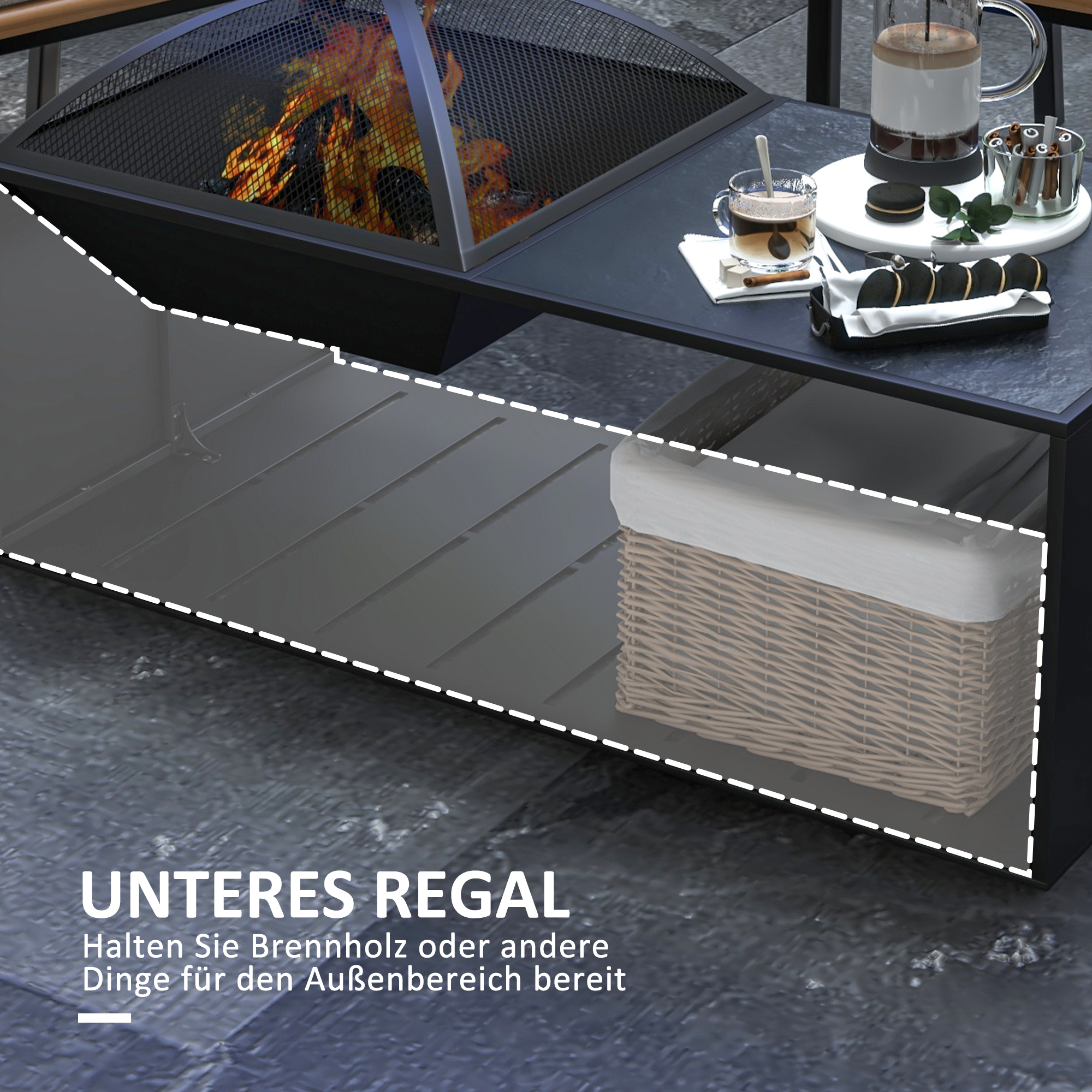 2 in1 Feuerschale, Tischplatte mit Keramikfliesen, Schürhaken, rostfrei, 101 x 51 x 56 cm, Schwarz