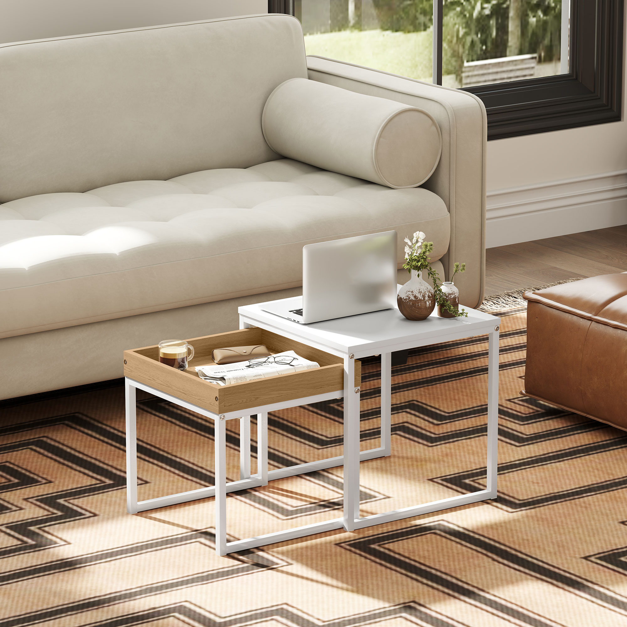 Moderner Couchtisch, 2er-Set Sofatisch, für kleine Räume, Quadratisch, MDF, Metall, Weiß