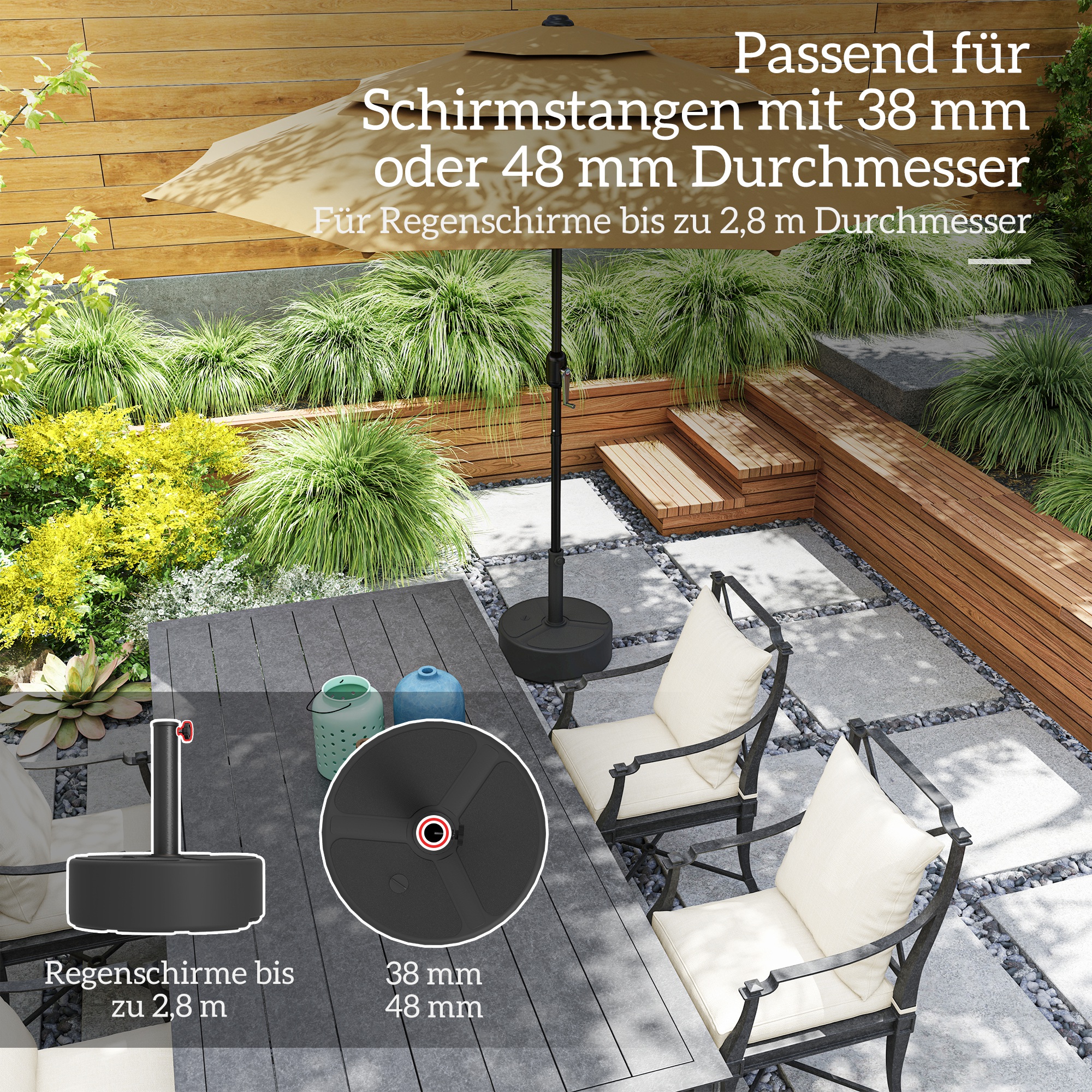 Sonnenschirmständer aus HDPE Befüllbar Schirmständer 18kg/20kg mit Sand Wasser, Rund Schwarz