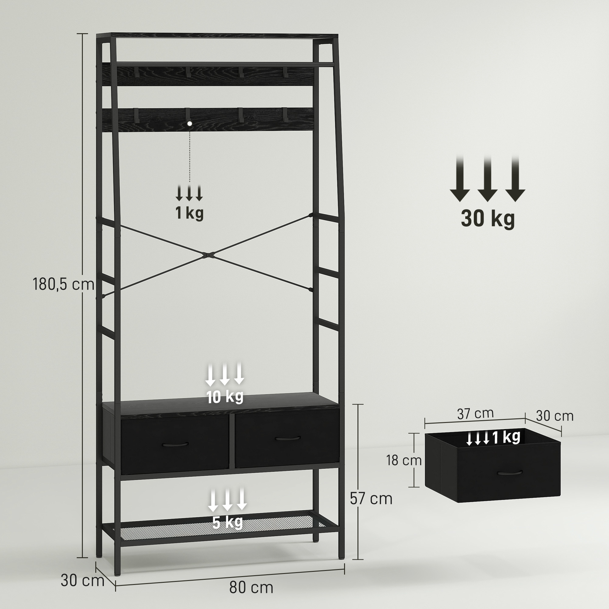 Garderobenständer mit Schuhregal, Kleiderständer im Industrie-Design, 2 Stoffschubladen, 8 Haken, Metallrahmen, Schwarz