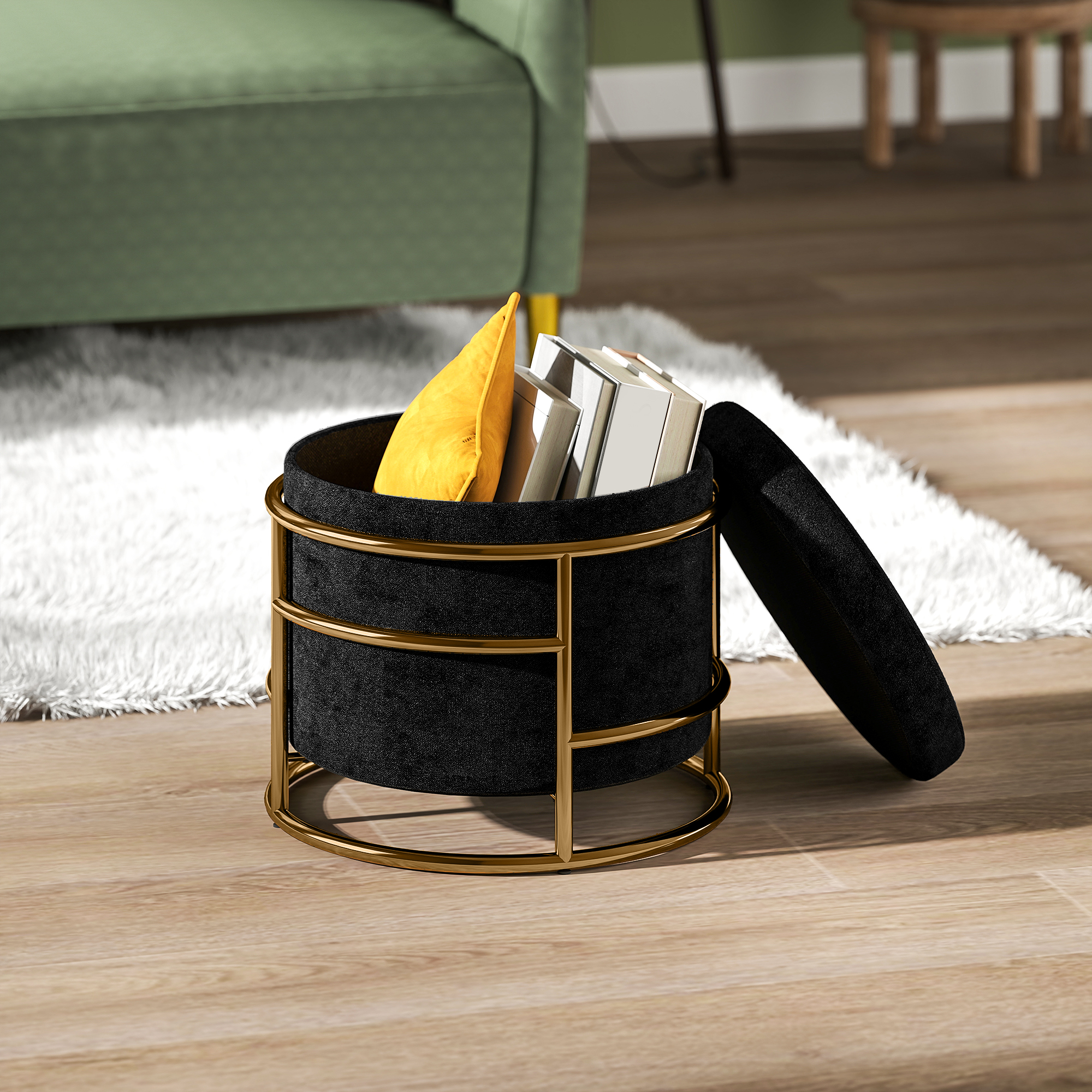 Sitzhocker mit Stauraum, gepolsterter Fußhocker, Metallrahmen, vergoldet, Schwarz