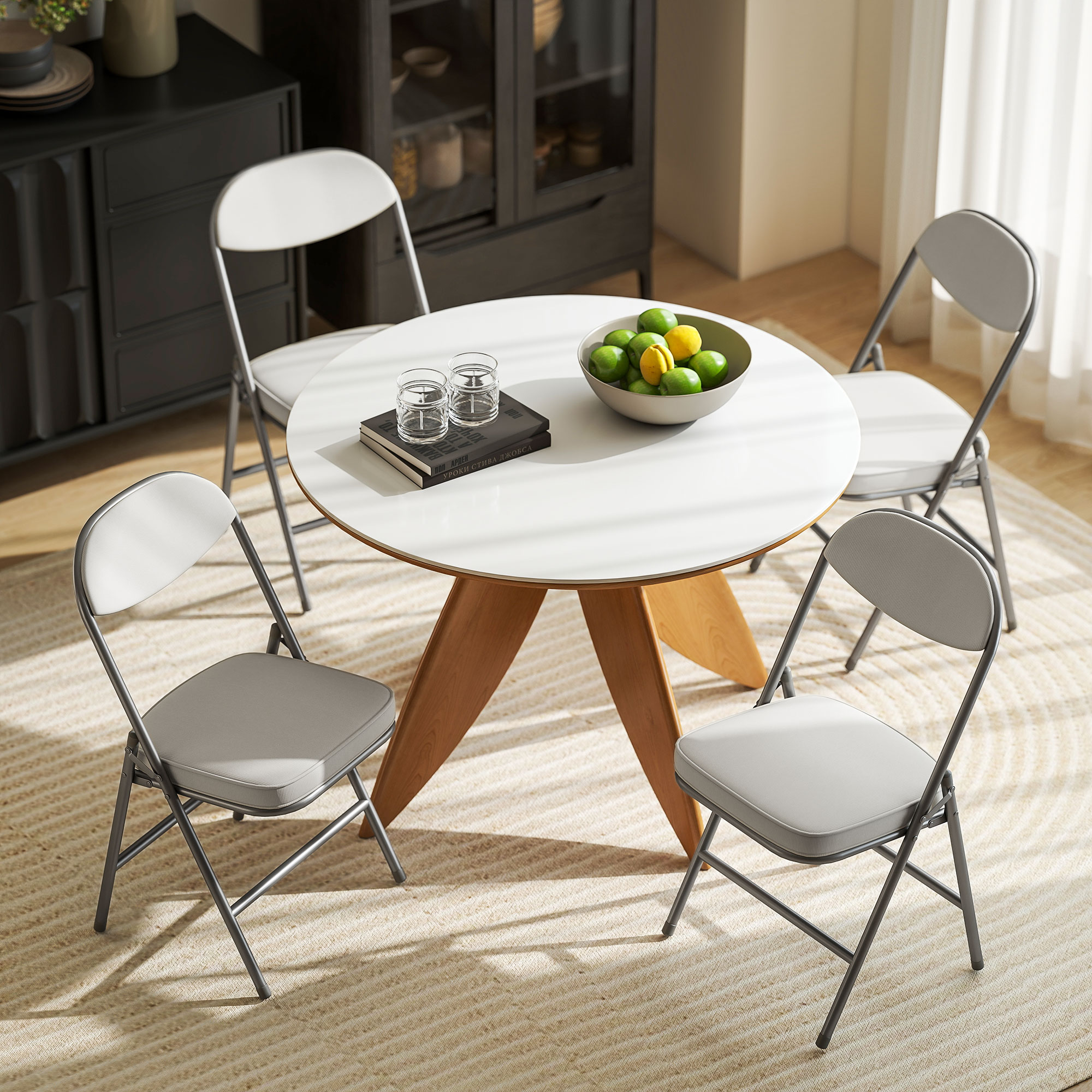 4er-Set gepolsterte Klappstühle, Faltbare Stühle mit Cordbezug, Rückenlehne, Metallrahmen, Cremeweiß