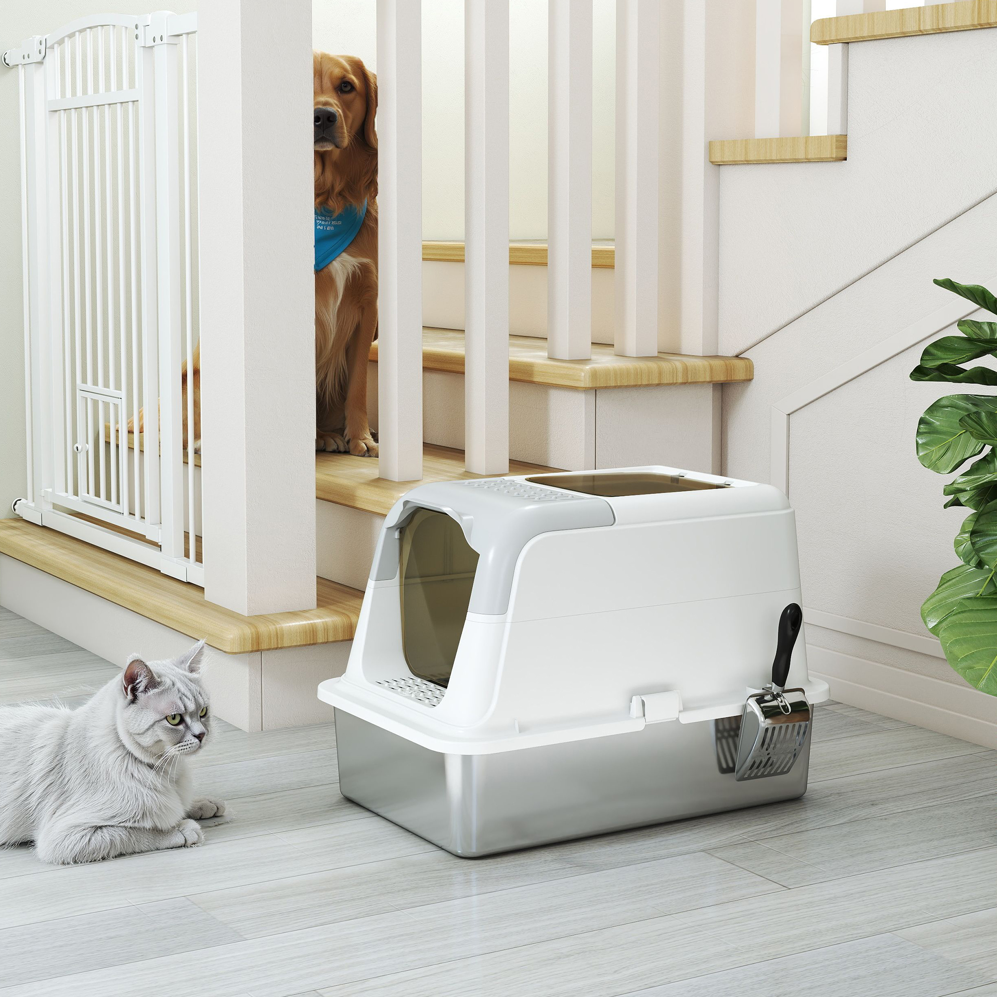 Katzenklo, Katzentoilette mit Deckel, Streuschaufel, vorne Eingang und ober Ausgang Edelstahl bis 7 kg