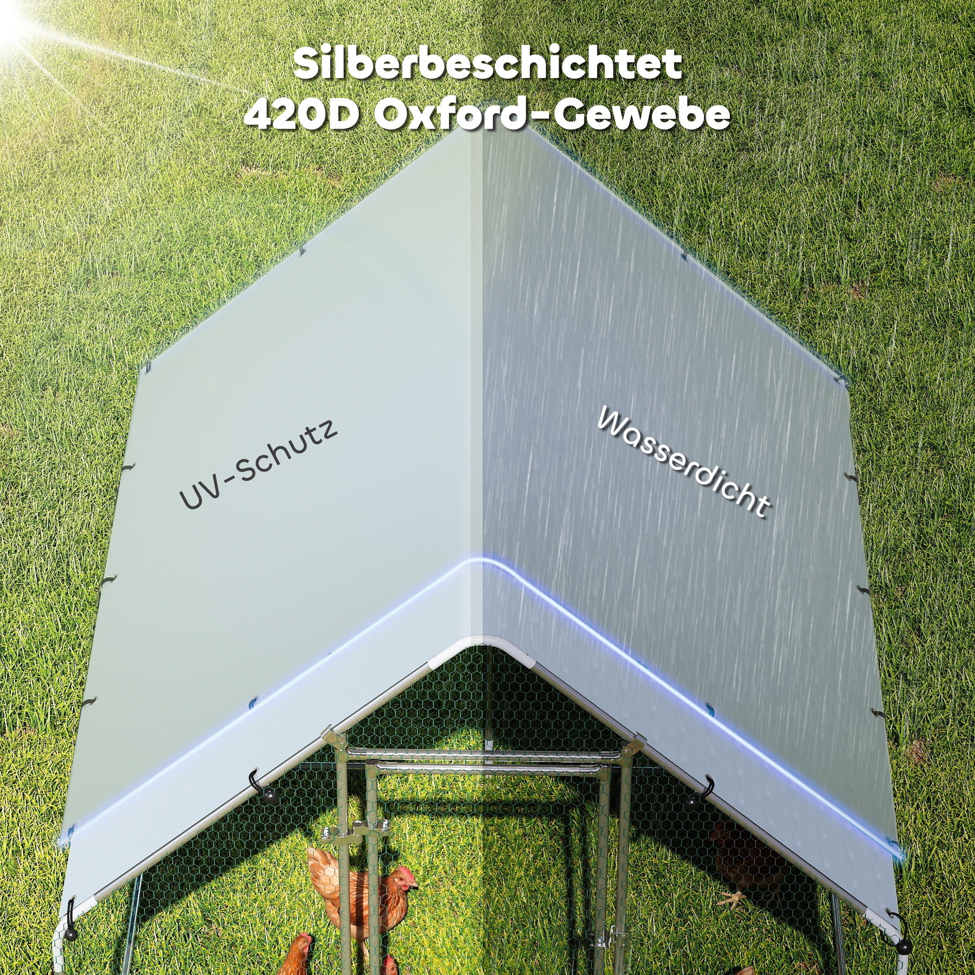 Freilaufgehege Verzinkter Stahl Hühnerstall mit wetterfester UV-Dachabdeckung abschließbarer Tür 2x2x2 m Silber