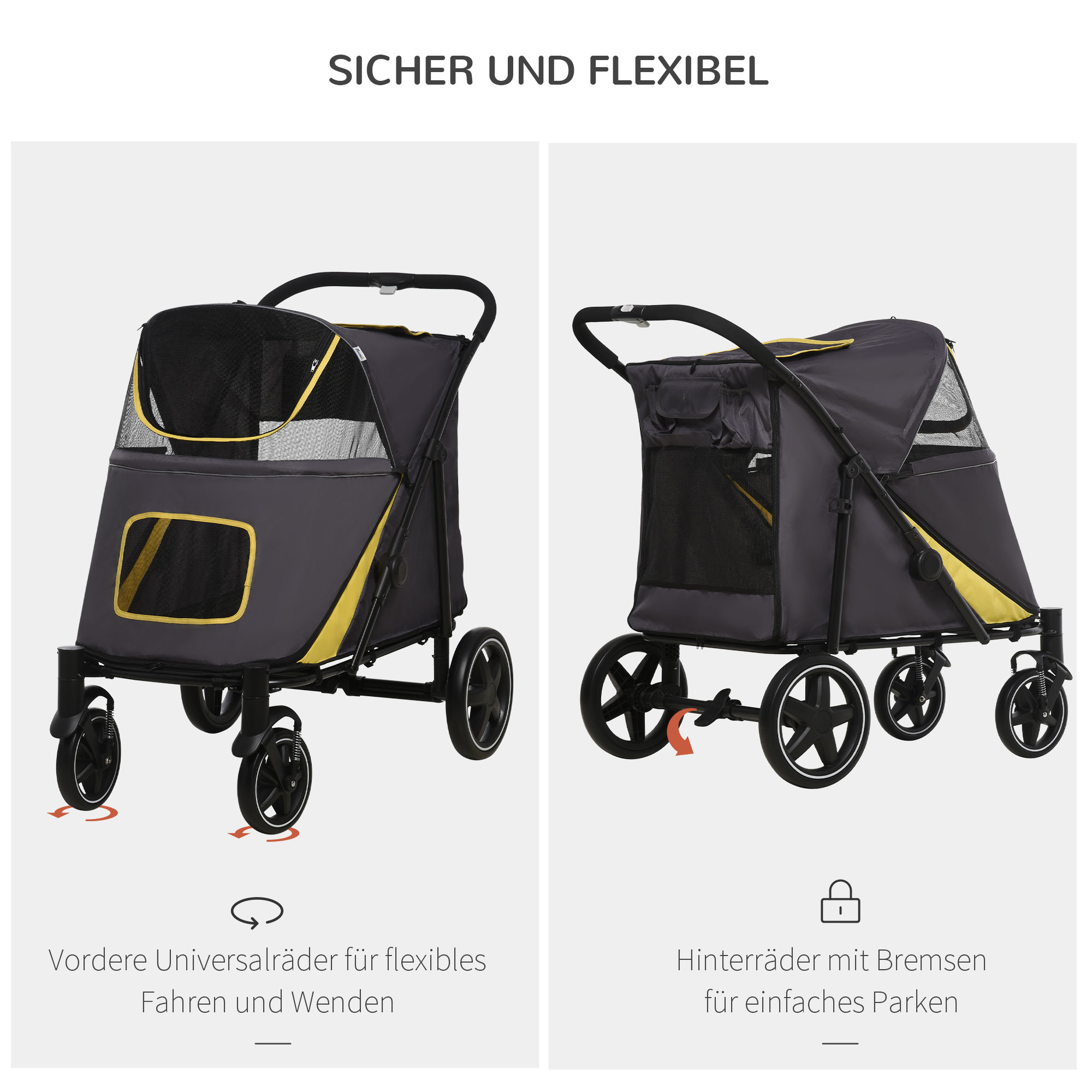 Hundetrolley bis 30kg klappbar One-klick-system 2 Sicherheitsleinen Aufbewahrungstaschen Gepolsterter Griff Dunkelgrau
