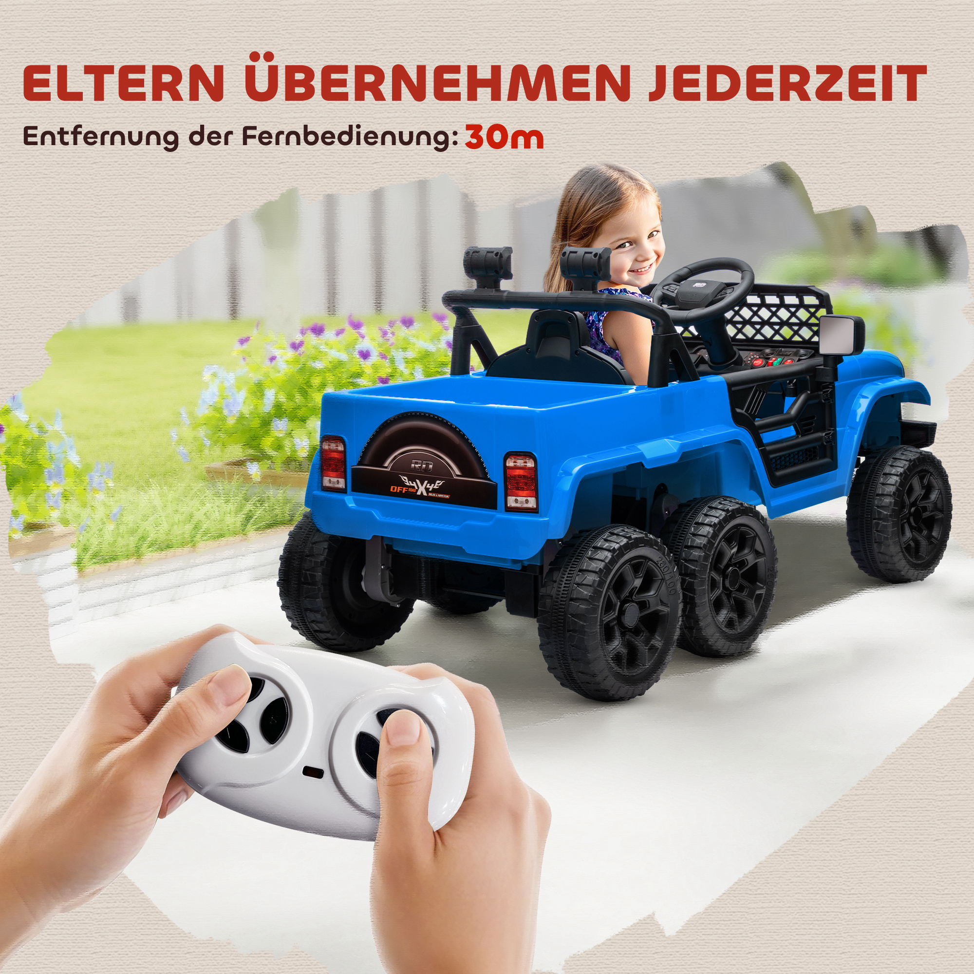 12V Kinderauto, mit Anhänger, LED-Lichtern, Musik und Hupe, für Kinder im Alter von 3-8 Jahren, Hellblau