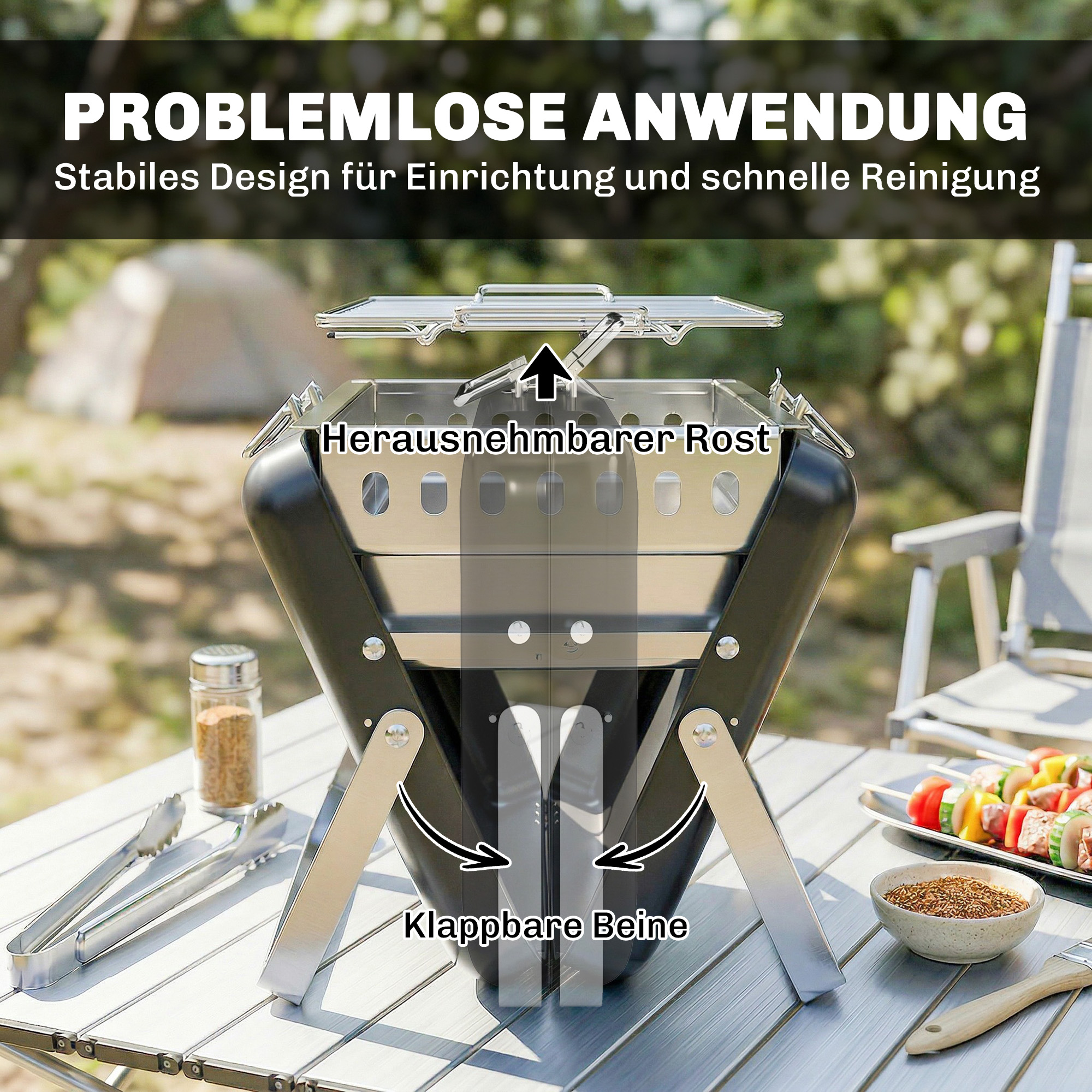 Holzkohlegrill aus Edelstahl BBQ Smoker mit Grillrost Griff klappbaren Beinen für Barbeque Camping 40x28x25,5cm Schwarz