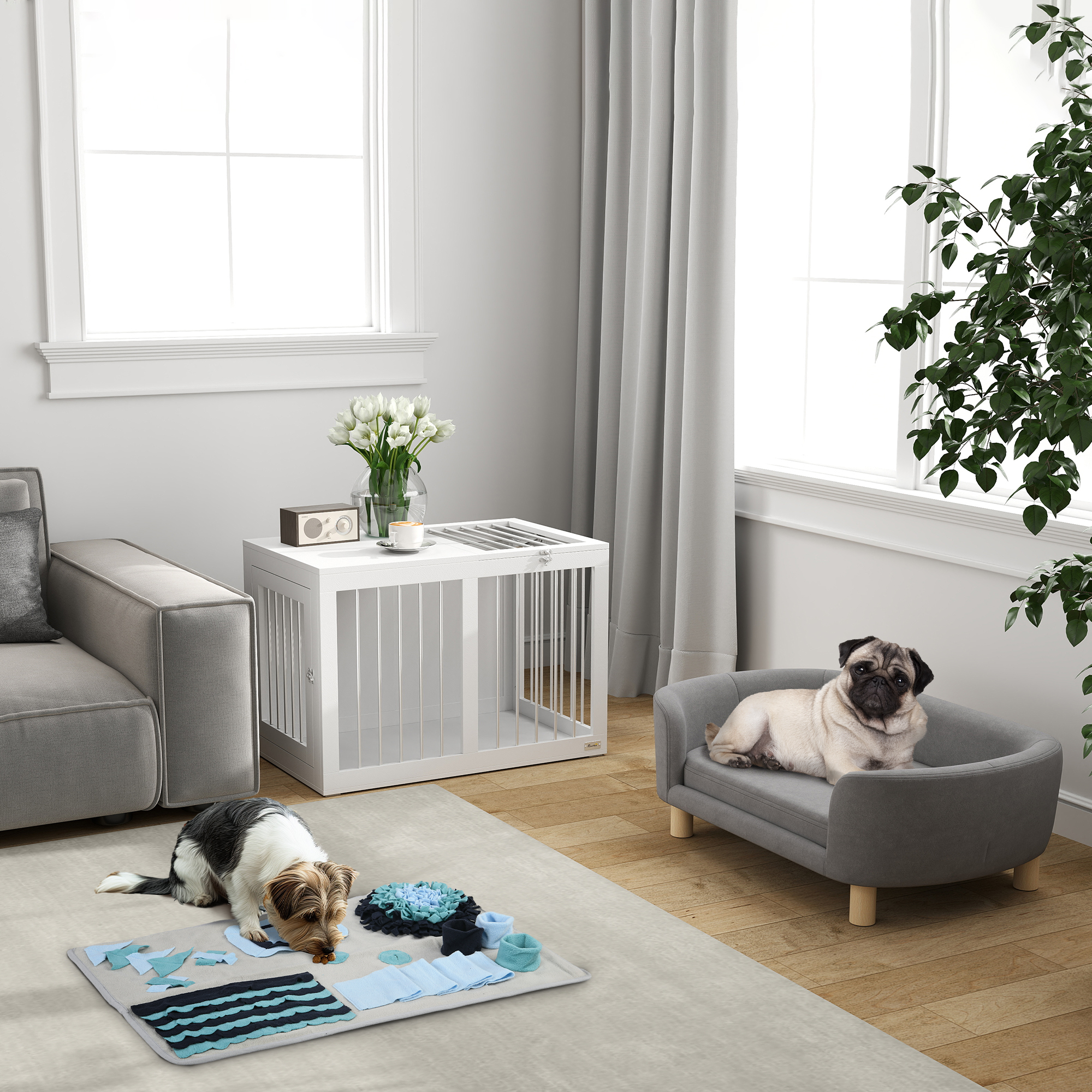 Haustiersofa Hundesofa Hundebett mit Holländischer Samt Schaumstoff Birke Bein für Katzen Hunde  86 x 55 x 33 cm Hellgrau