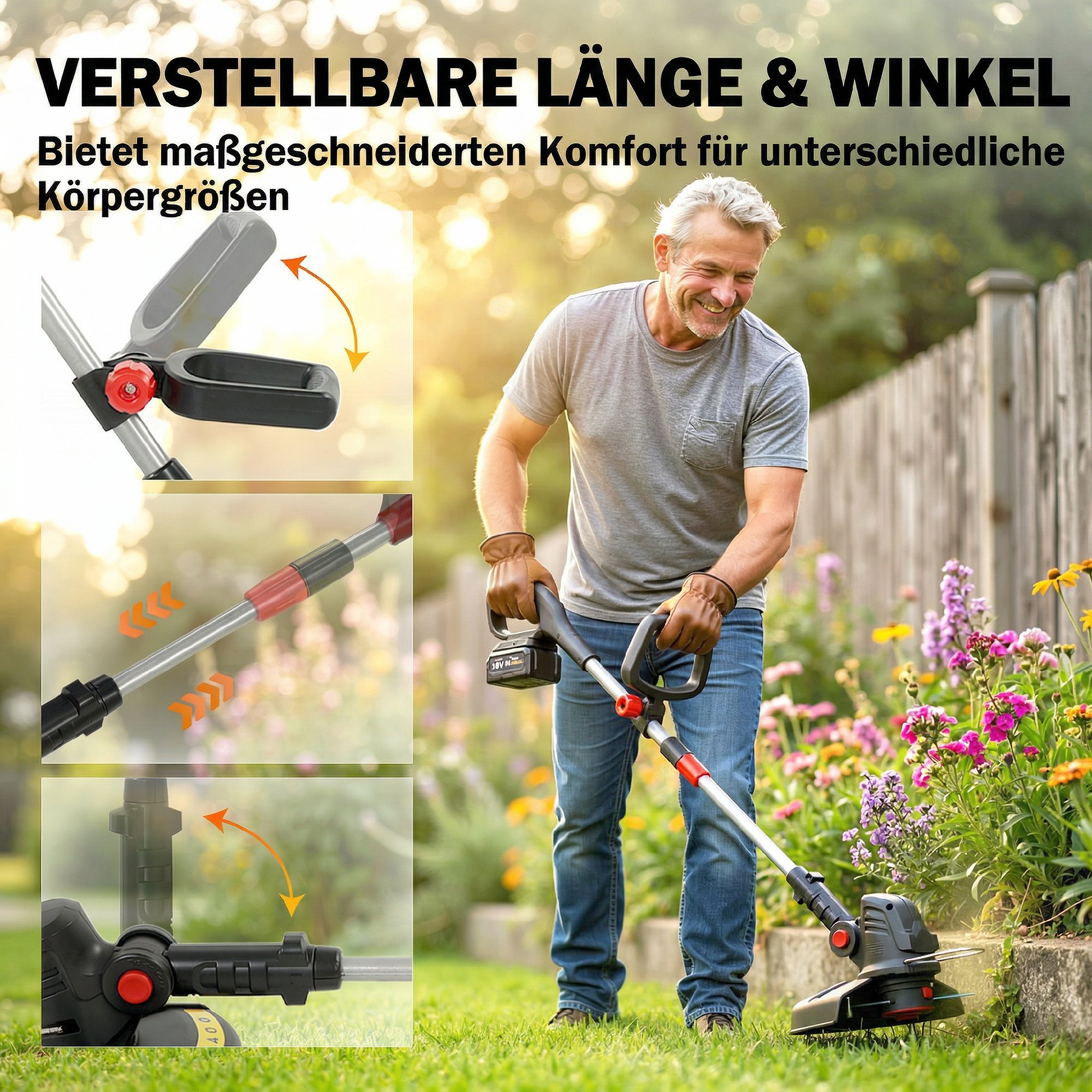 Akku Rasentrimmer 2-in-1 Freischneider mit 30 cm Schnittbreite Verstellbar Griff neigbar Motorkopf für Garten Hof Silber