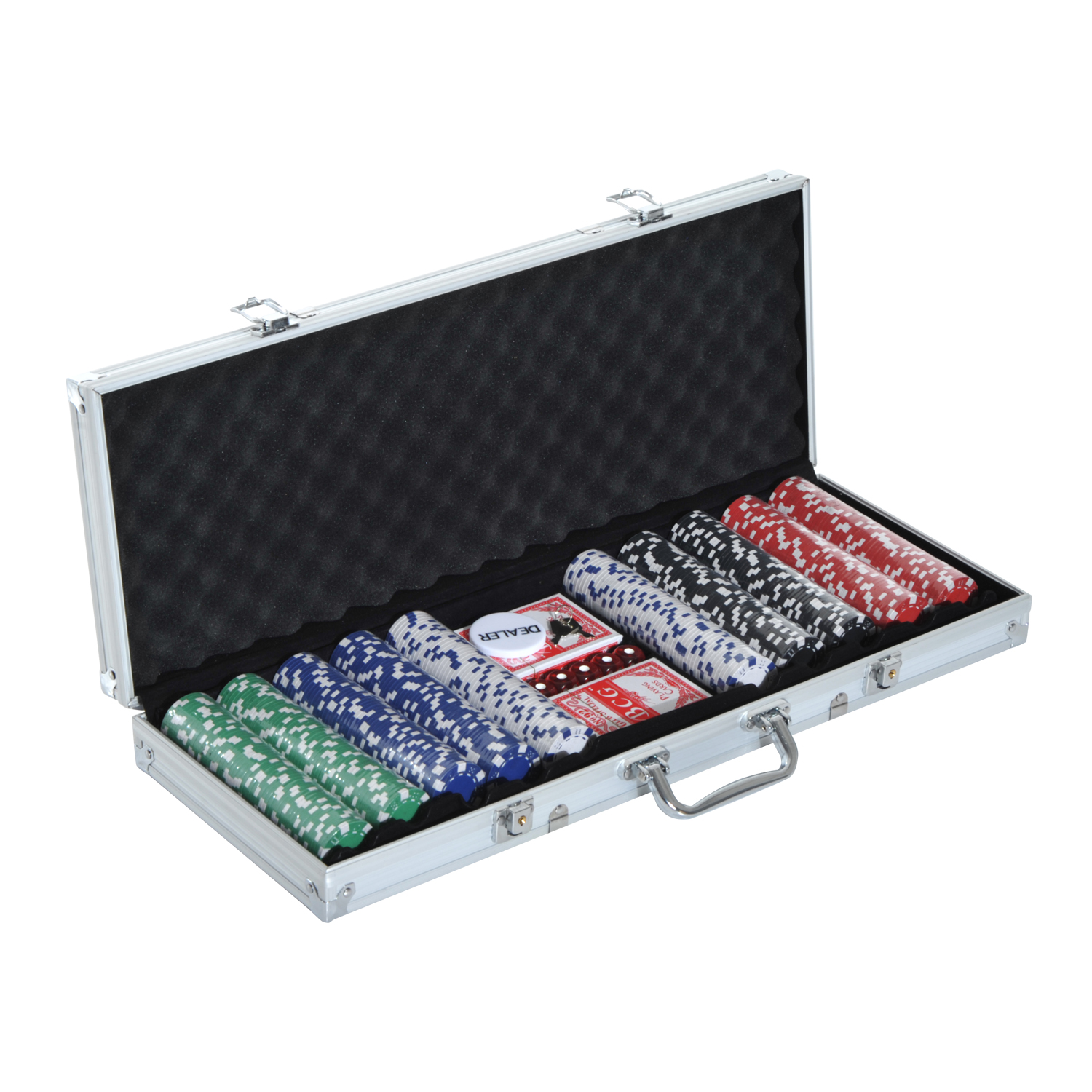 Pokerset, 500 Chips, 2 Kartendecks, 5 Würfel, Aluminium-Koffer, verschließbar