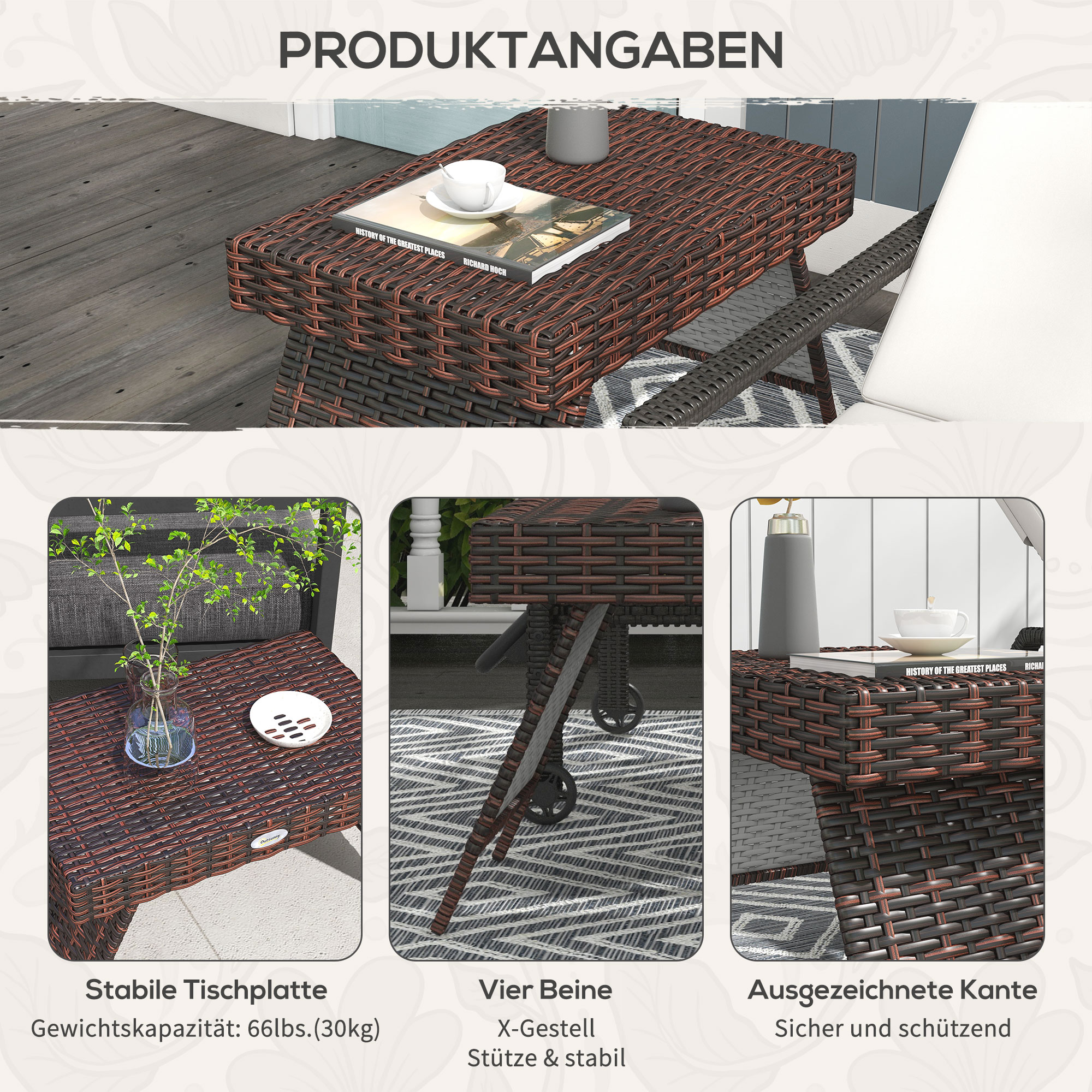 Gartentisch Outdoor-Couchtisch Outdoor-Beistelltisch, PE-Rattan, wetterbeständig, 60 cm x 41 cm x 41 cm,  Braun