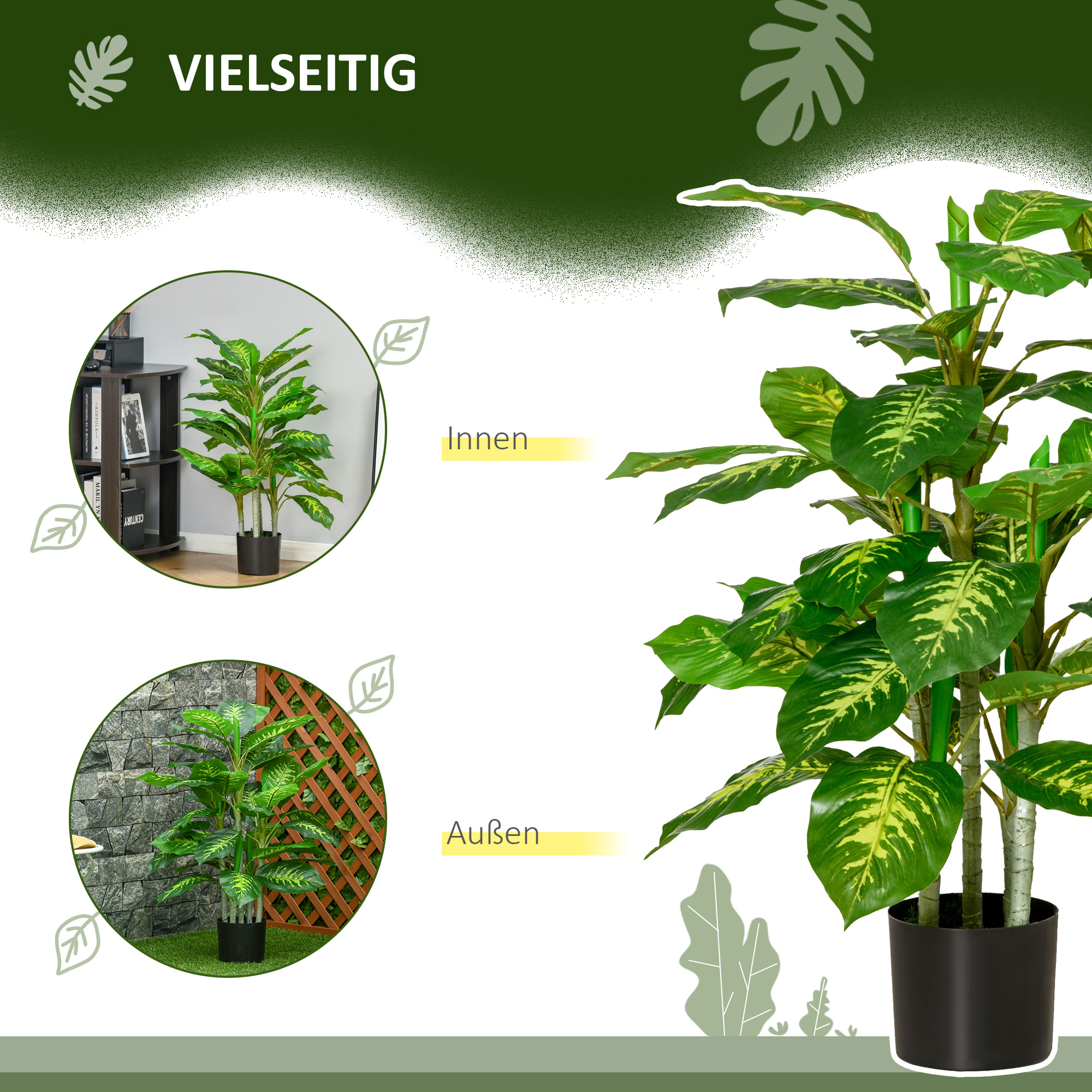 Kunstpflanze, Kunststoff-Pflanze, Zementtopf, Indoor und Outdoor, 95 cm, Grün