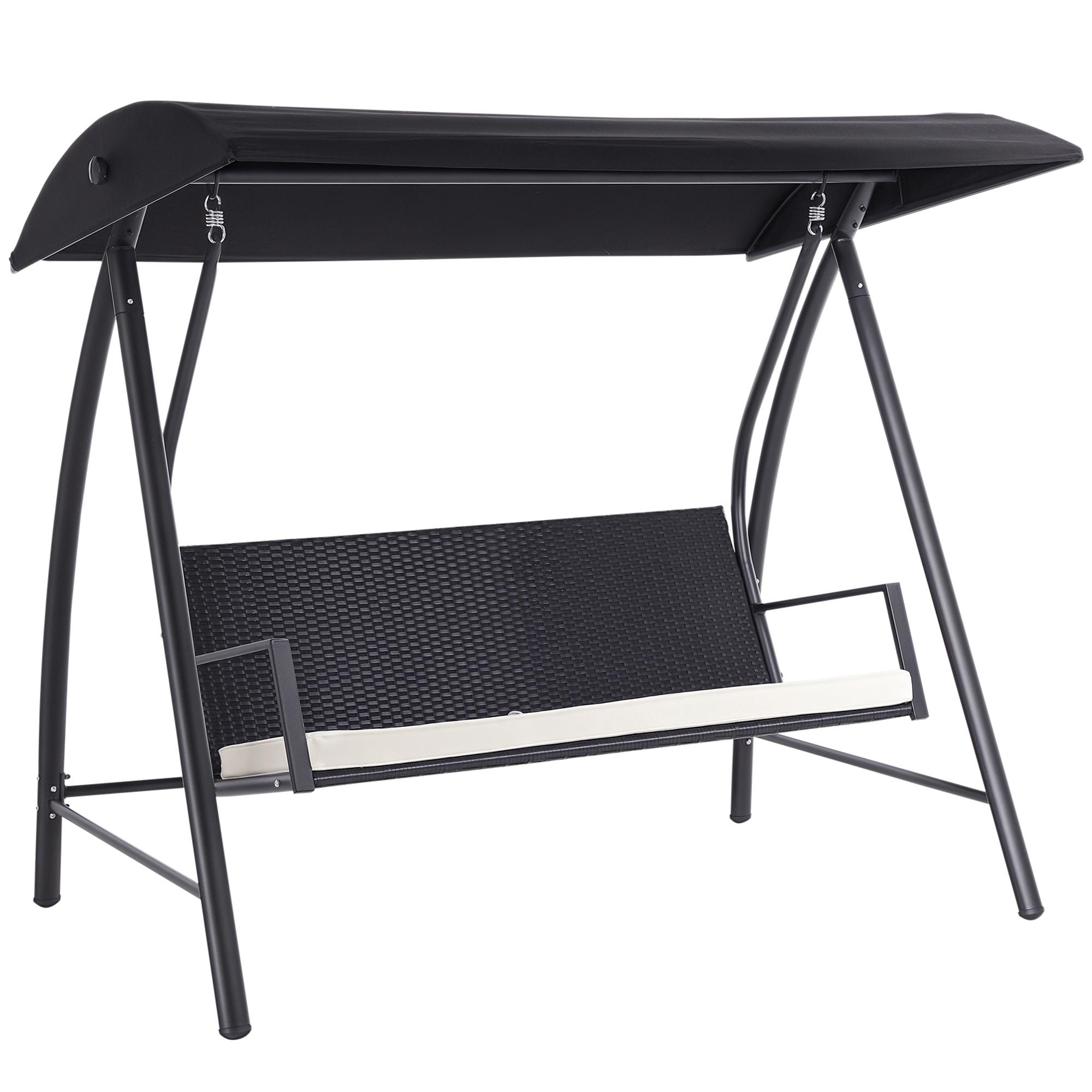 Hollywoodschaukel 3-Sitzer aus Polyrattan Gartenschaukel mit verstellbar Sonnendach Sonnenschutz Sitzkissen Hängebank bis 360 kg belastbar Hängeschaukel für Garten 198x124x179cm Schwarz