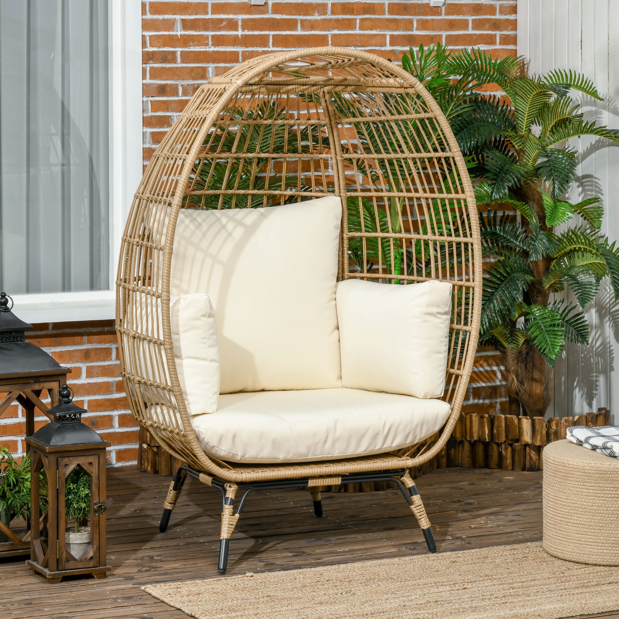 Korbstuhl in Rattanoptik, weiche Sitzkissen, Aluminiumrahmen, khaki+beige, 105 x 90 x 148 cm