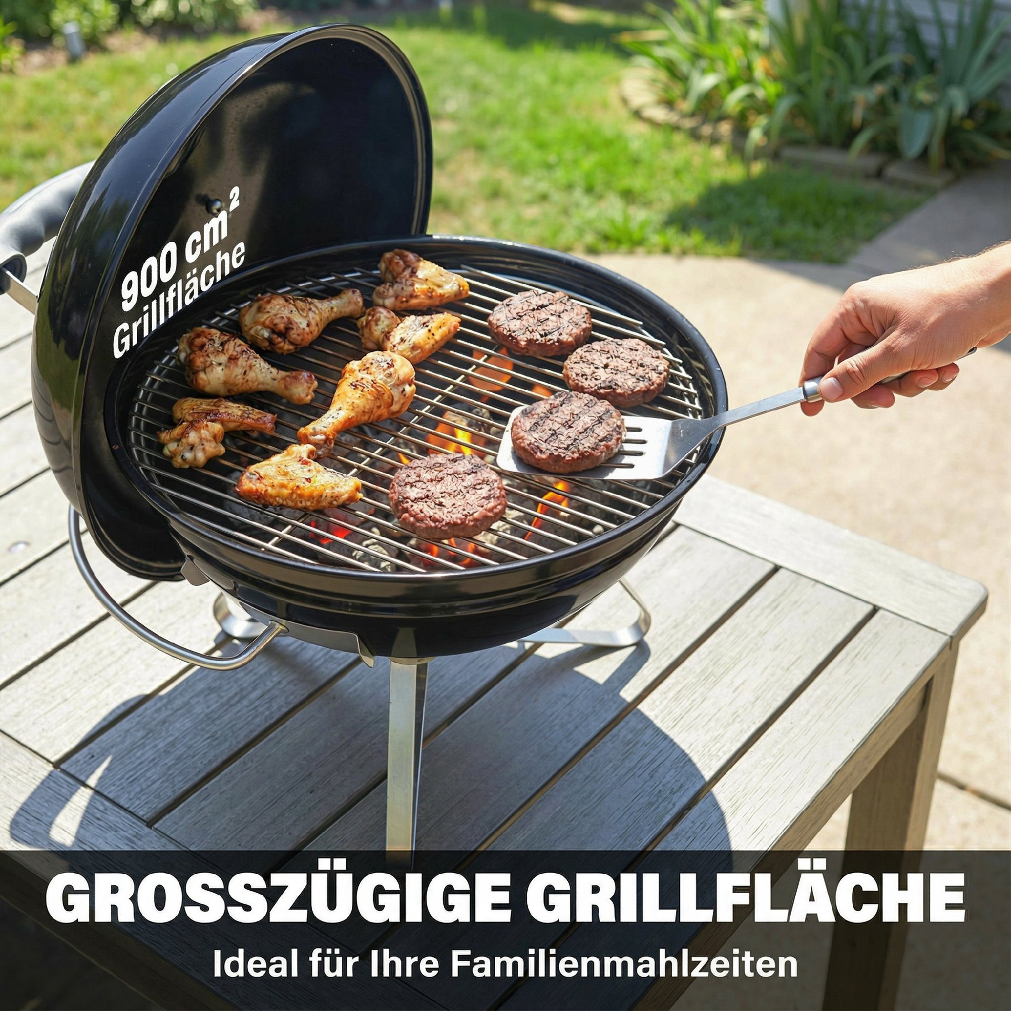 Holzkohlegrill, tragbarer Kugelgrill mit Deckel, Griff verstellbaren Lüftungsschlitzen für Barbeque 41x41x44 cm Schwarz