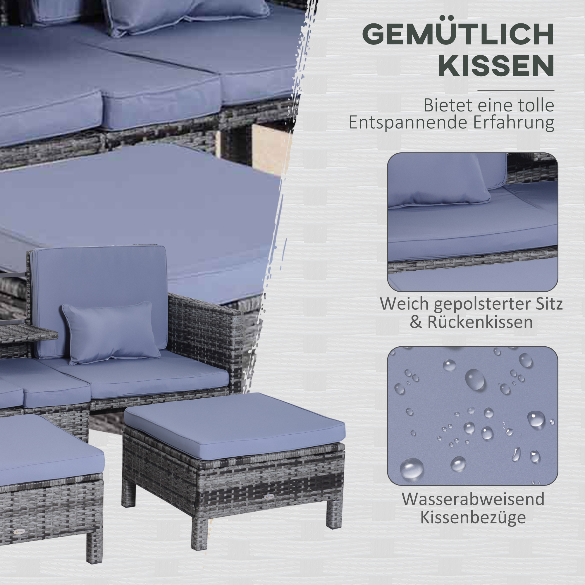 Gartengarnitur, Sitzgruppe, 3-tlg,, Outdoor-Sofa, 2 Hocker, 2-5 Personen, Sitzkissen, Rattanoptik, grau