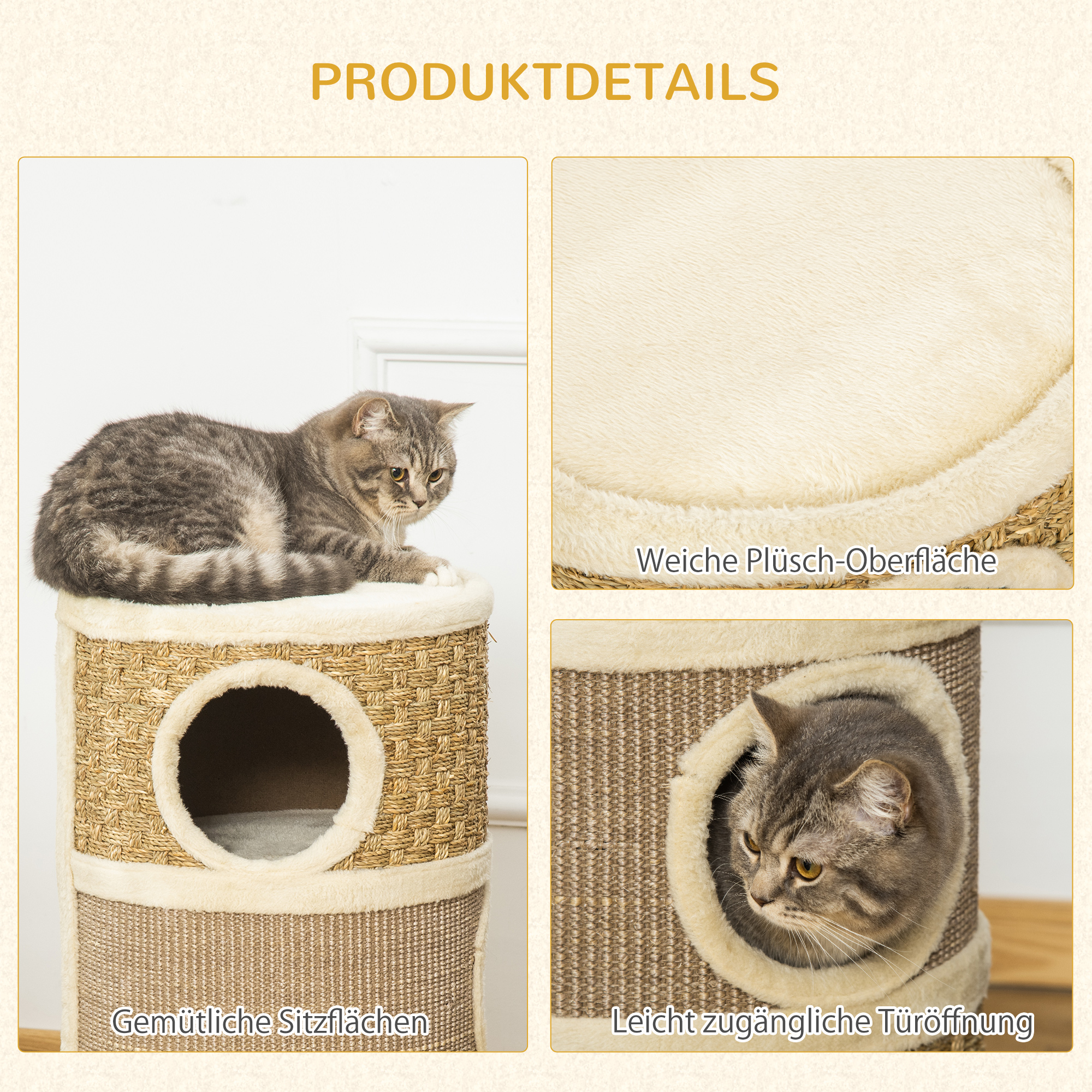 Kratztonne, Höhe 70 cm, Katzenkratzbaum für katzen 3 Ebenen Katzenbaum Kletterbaum Katzenmöbel mit Sisal Plüsch