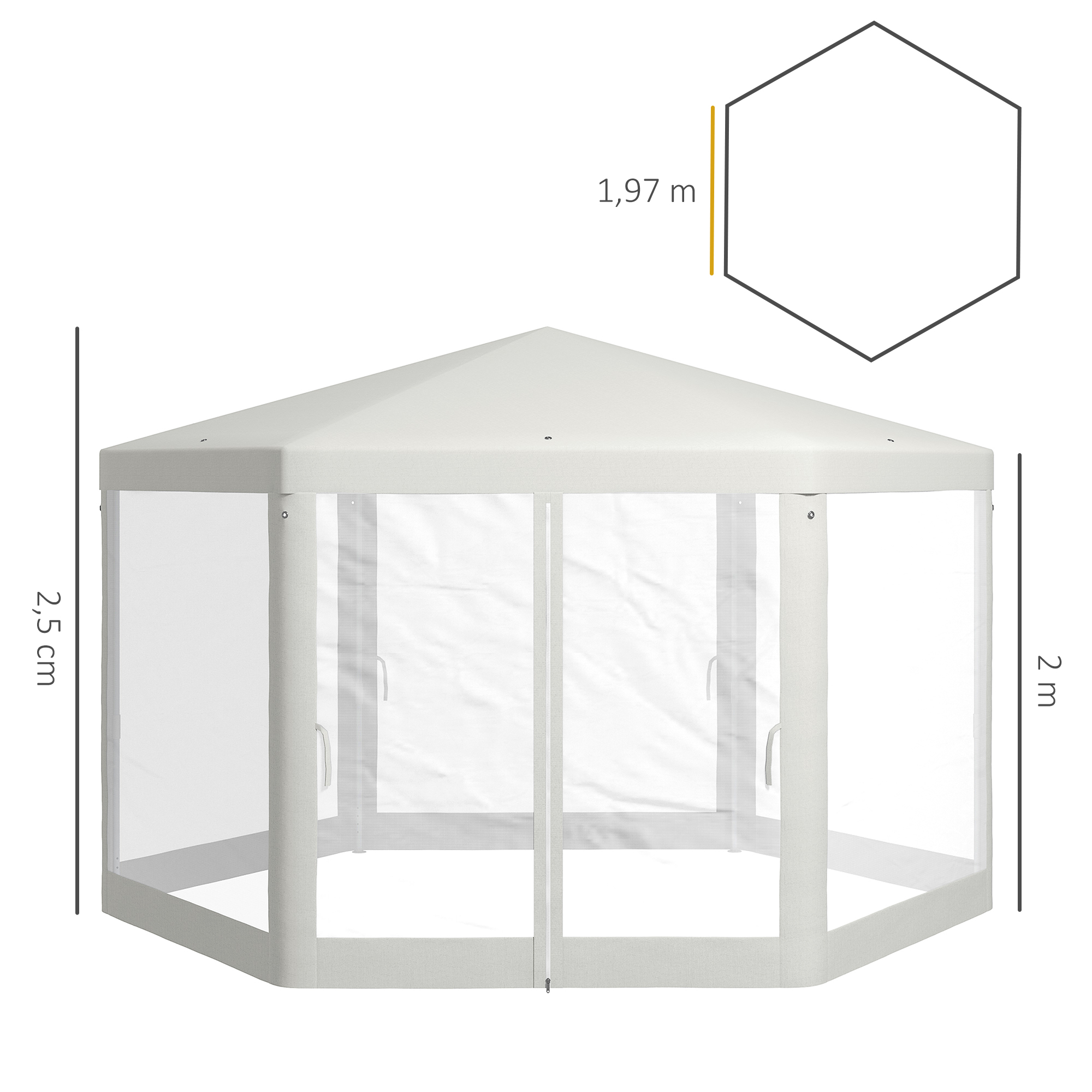 Gartenpavillon, 6-eckig, Netzvorhänge, Metallgestell, 3,94x3,412x2,5m, Creme