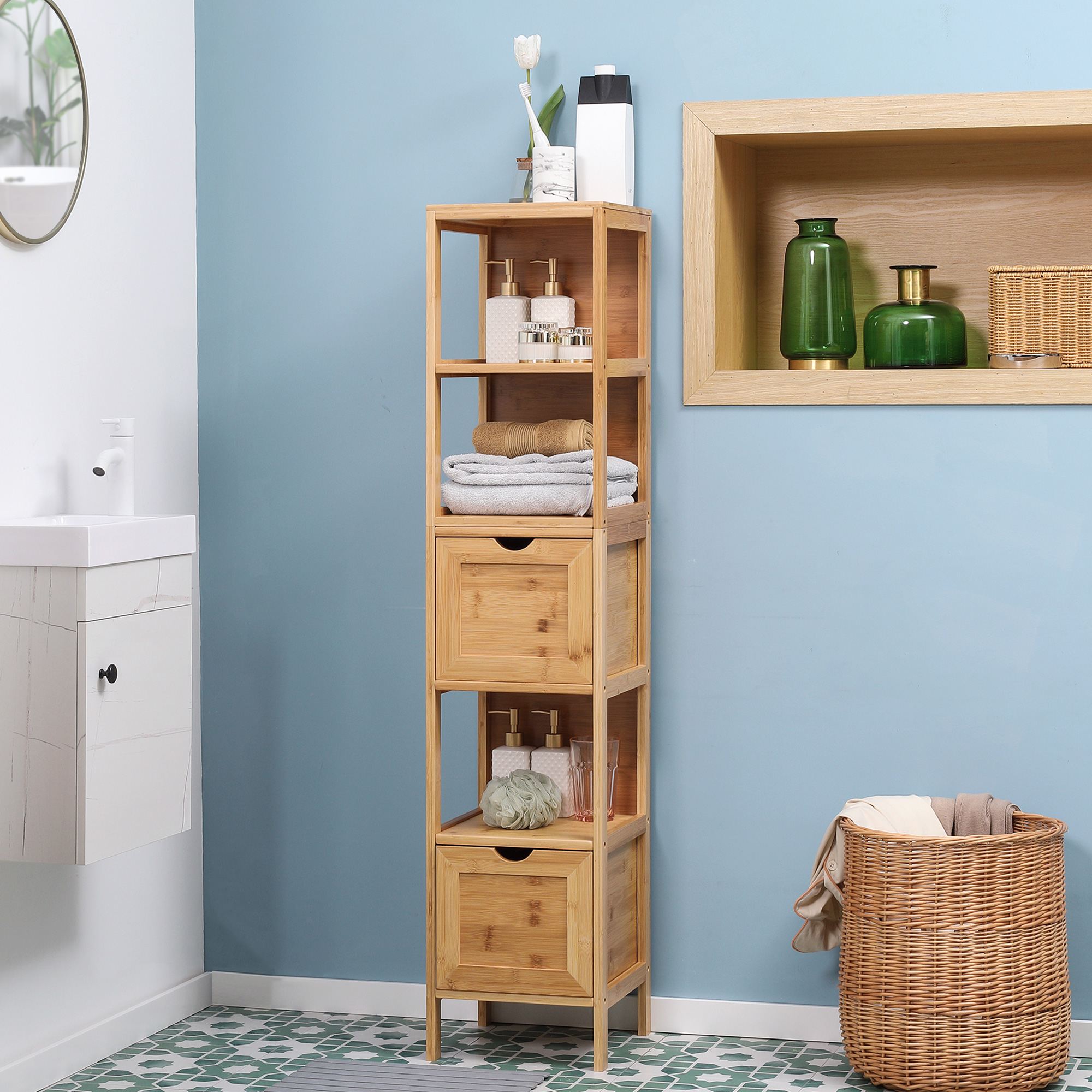 Badezimmerschrank, 3 Regale, 2 Schubladen, Bambus, 30 cm x 30 cm x 140 cm, Natur