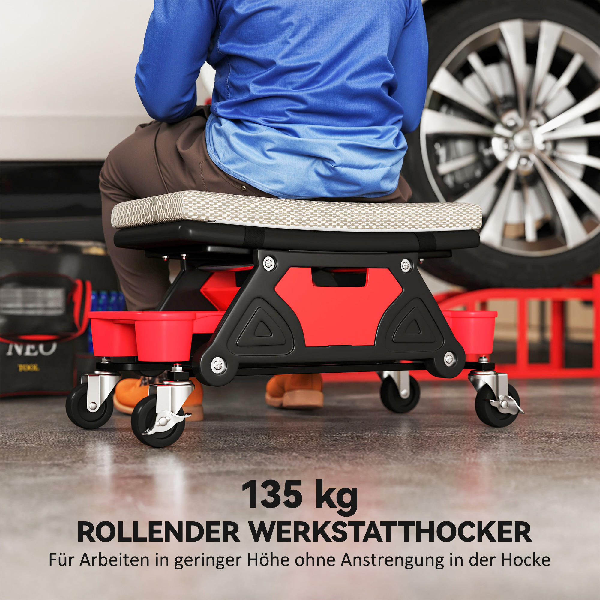 Werkstatthocker mit Rollen Ablagefläche 35cm hoch Rollhocker bis 135 kg belastbar Grau