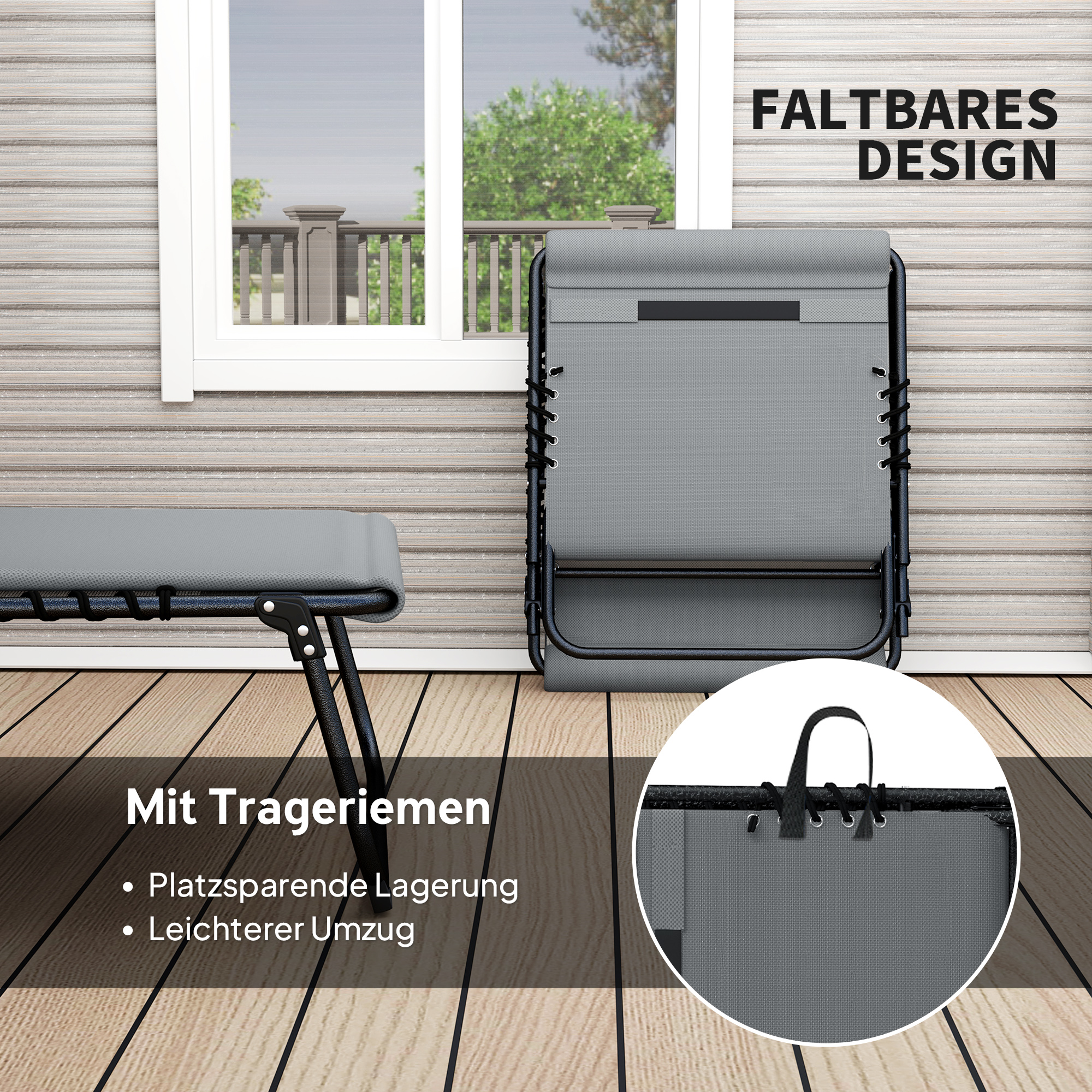 2er Set Sonnenliege klappbar Gartenliege mit Kopfkissen 5-Fach höhenverstellbarer Rückenlehne Seitentasche Dunkelgrau