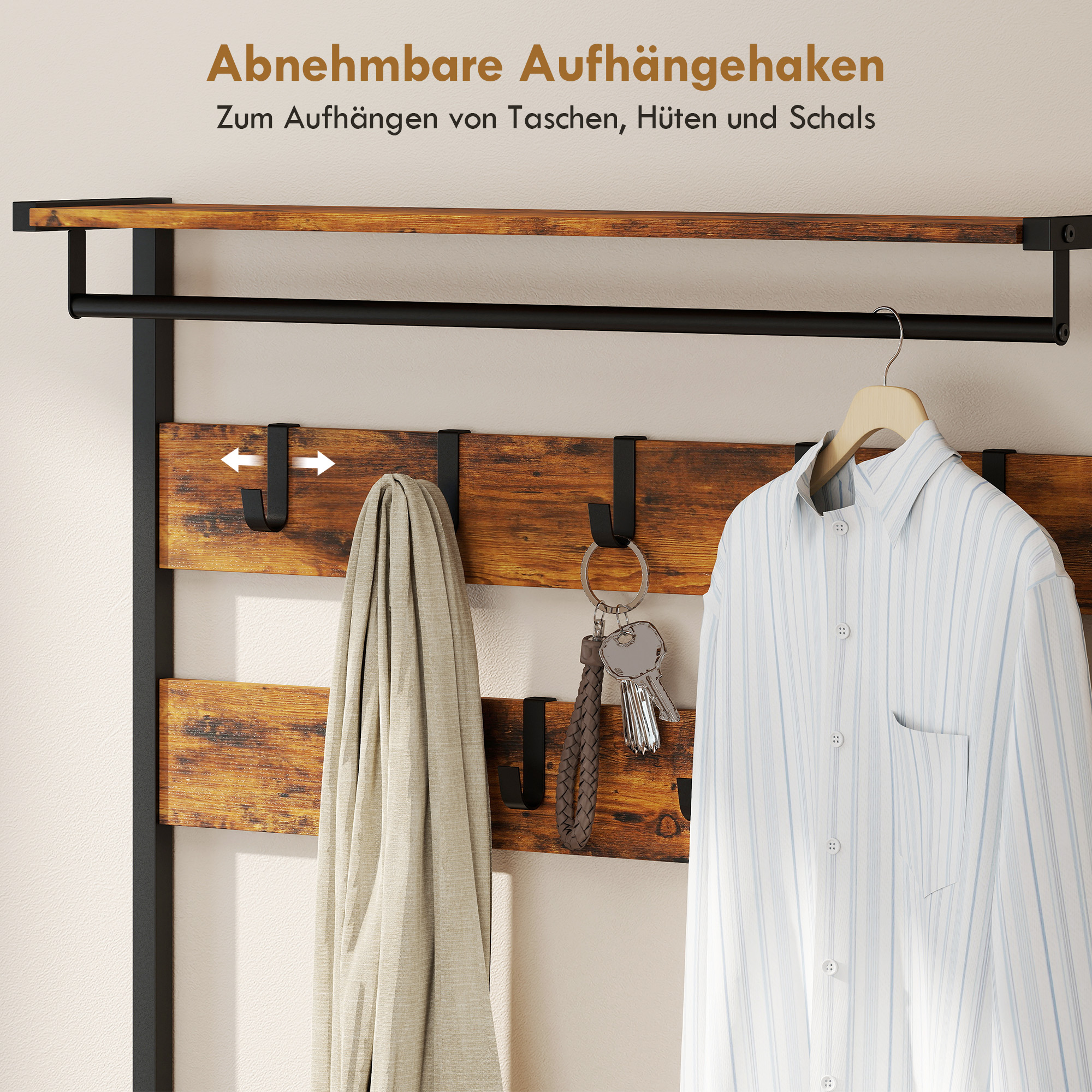 Garderobenständer mit Kleiderhaken, Schuhbank, Industrieller Eingangs-Organizer, Stahlrahmen, Rustikal Braun
