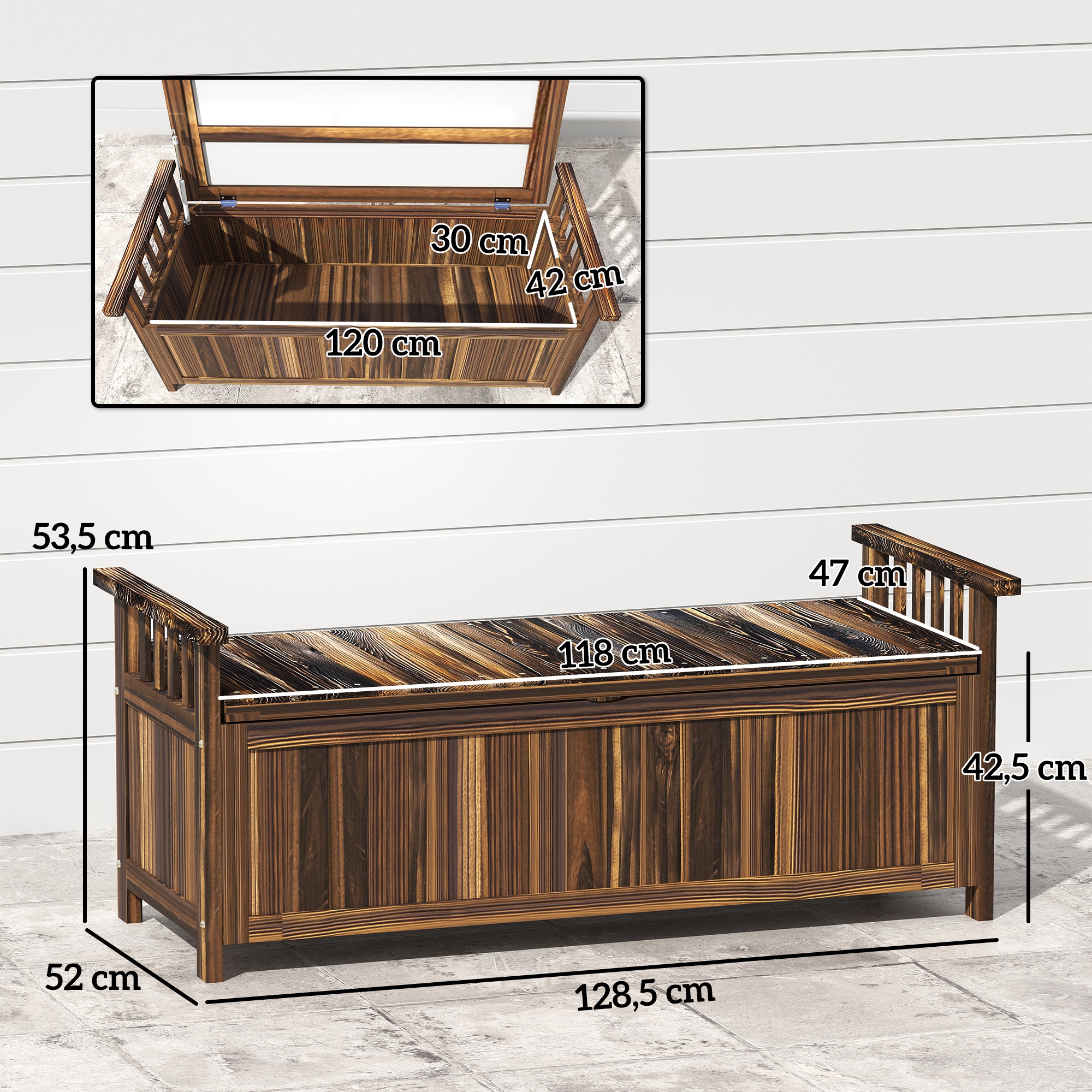 2-Sitzer Gartenbank Holz, wetterfest Sitzbank, Gartenmöbel mit Stauraum Armlehnen 128,5 x 52 x 53,5cm, Verkohlt