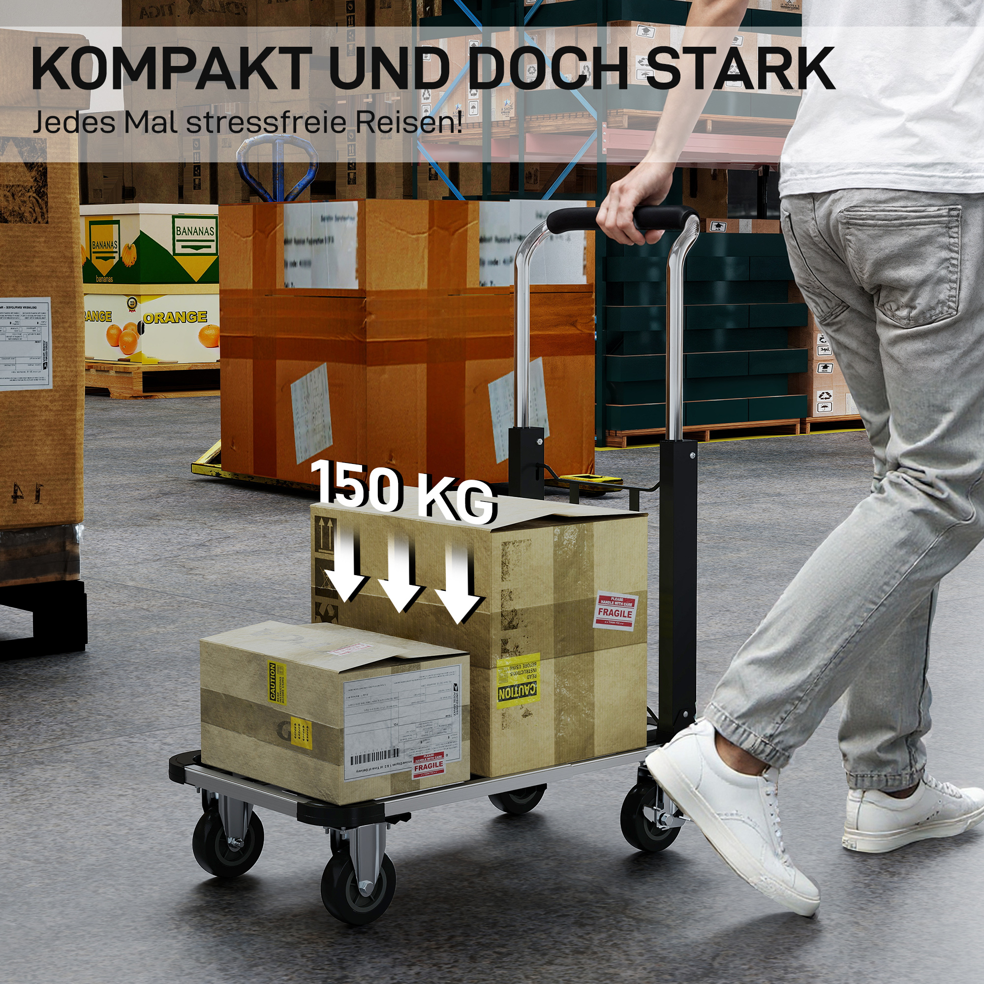 Faltbarer Handwagen, 150 kg Belastbarkeit, erweiterbare Fläche, höhenverstellbarer Griff, für Kisten, Metall, Schwarz