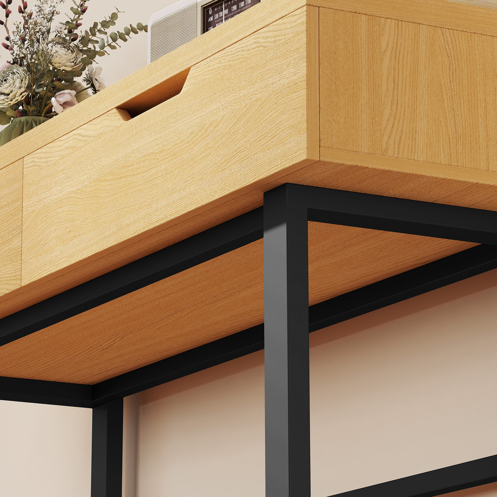 Konsolentisch Schmaler Flurtisch mit 2 Schubladen, Metallrahmen, für Flur 110 x 35 x 76,5 cm Natur