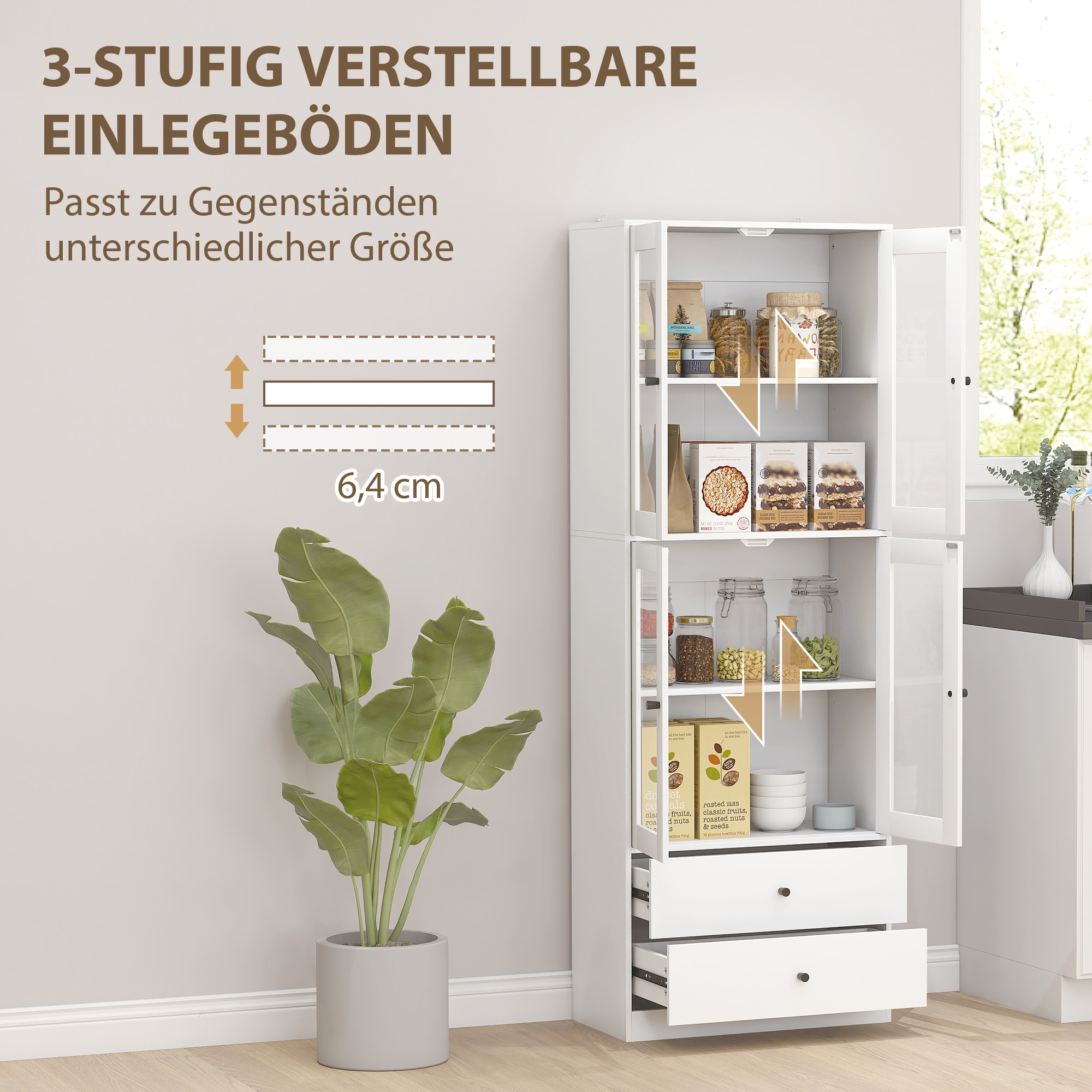 Küchenschrank mit Schubladen und Glastüren, Melamin-Oberfläche, Weiß