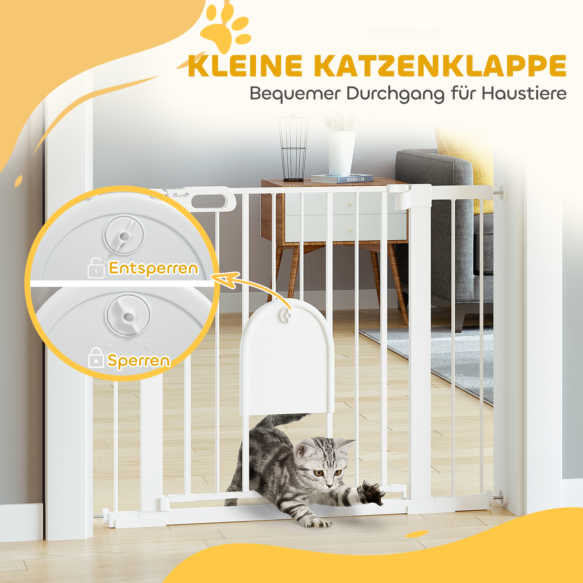 Absperrgitter für Haustiere, verstellbar, mit kleiner Tür, Stahl, Kunststoff, Weiß