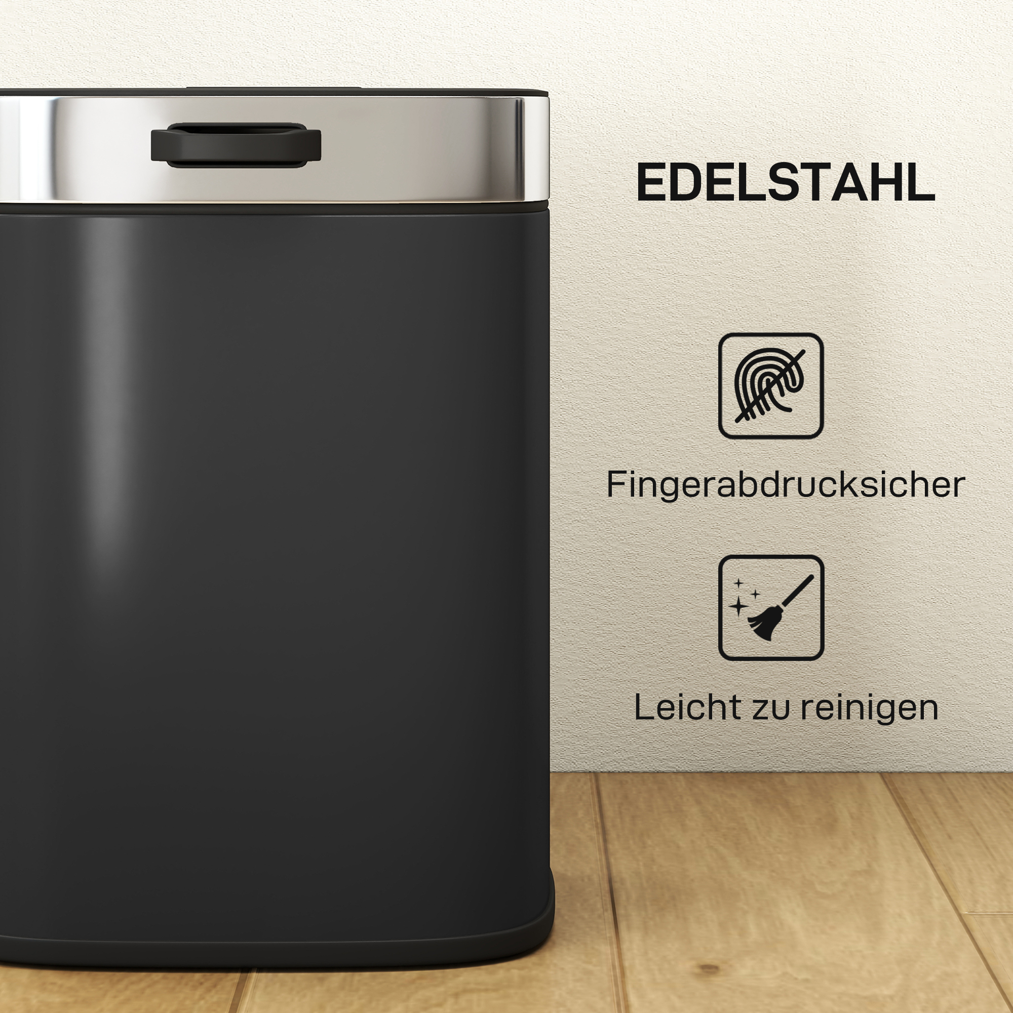 Mülleimer, Edelstahl Küchenmülleimer mit offen bleibendem Deckel, herausnehmbarer Inneneimer, 21,5x19,5x30 cm, Schwarz