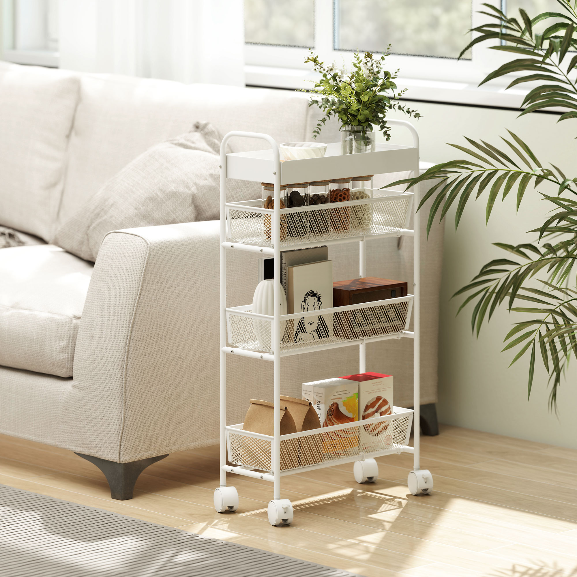 Küchenwagen aus Metall, 3 Körbe, schmales Design, 4 Räder, für Küche, Wohnzimmer, Badezimmer, Weiß