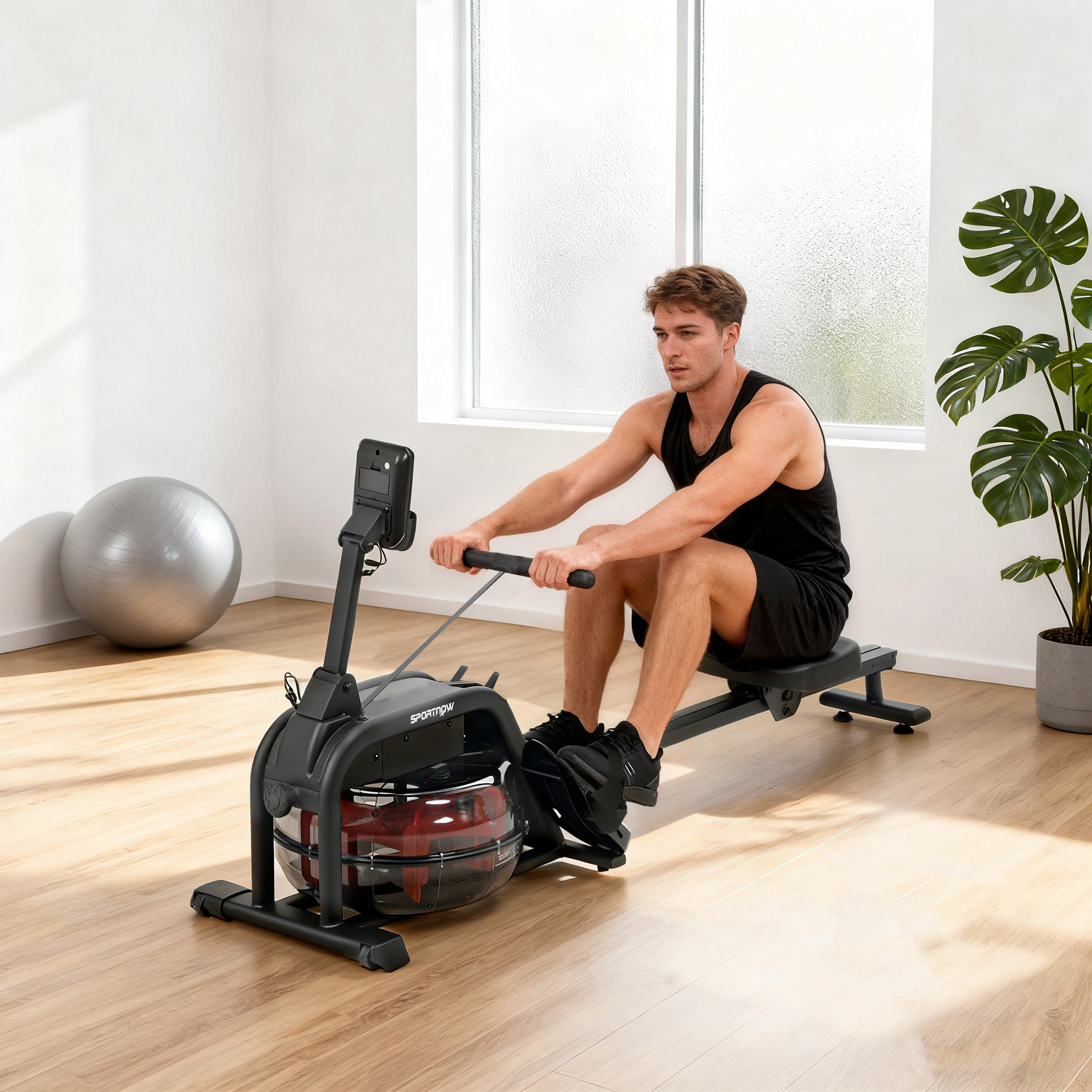 Rudergerät für Training, Rudermaschine mit 6-11 L Wassertank, LCD-Monitor, Handyhalter, 135 kg Tragfähigkeit, Stahl, Schwarz