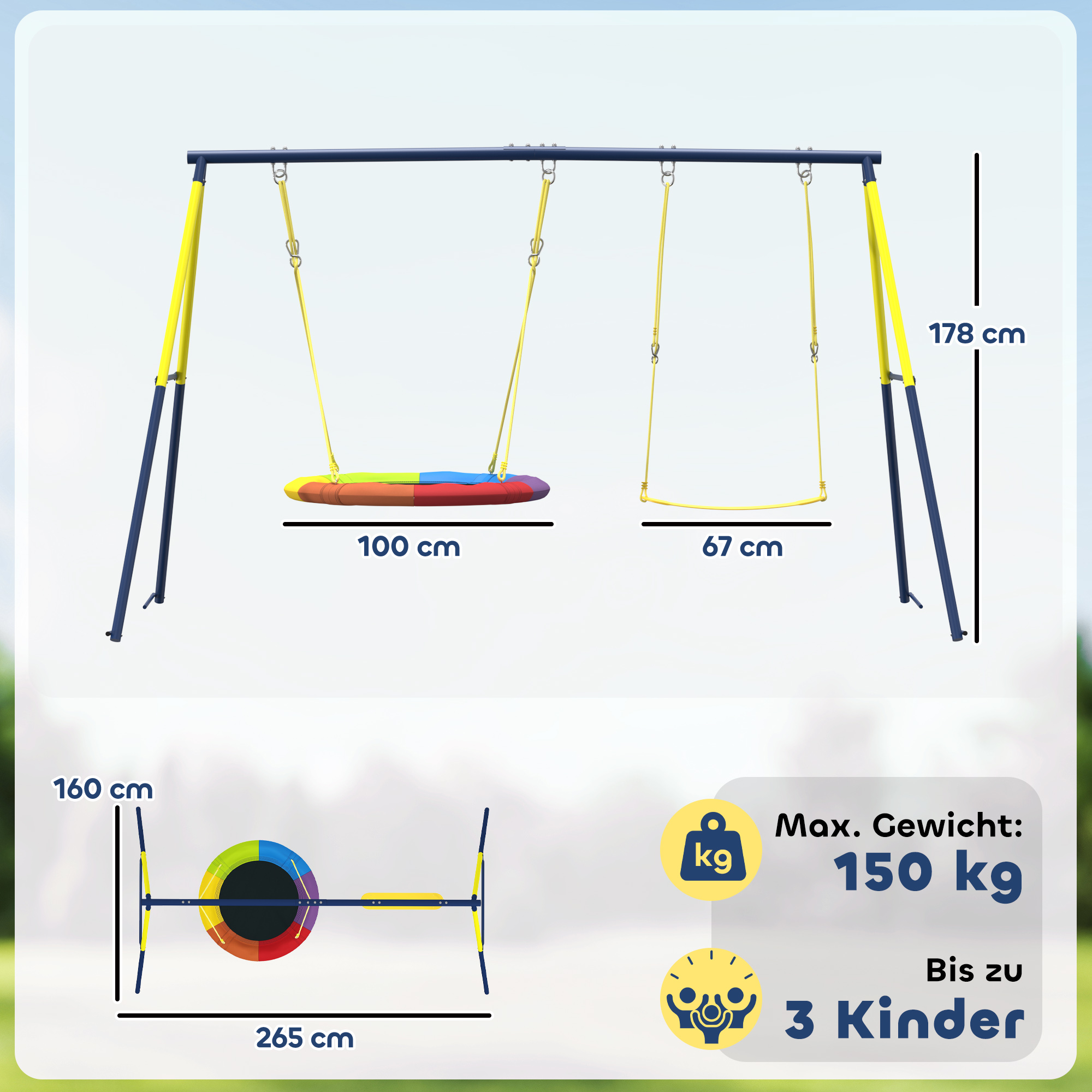 Schaukelgestell Schaukel-Set mit Nestschaukel Gurtschaukel verstellbarem Seil für 3-8 Jahre 265x160x178 cm Mehrfarbig