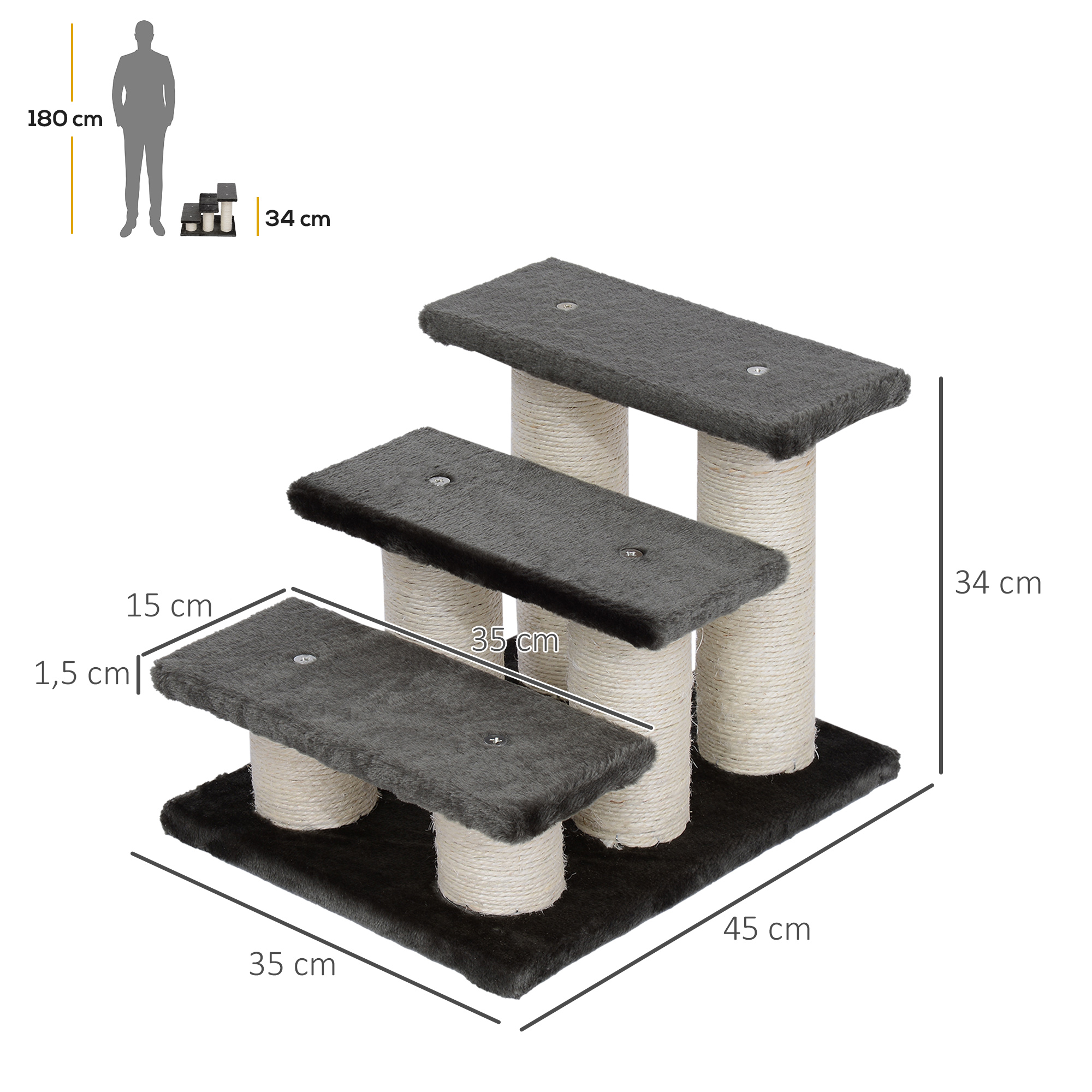 Hundetreppe 3 Stufen 34 cm Hoch Haustiertreppe für Hunde Katze Katzentreppe mit Kratzstamm Hunderampe Einstiegshilfe für Bett, Sofa, Couch Dunkelgrau