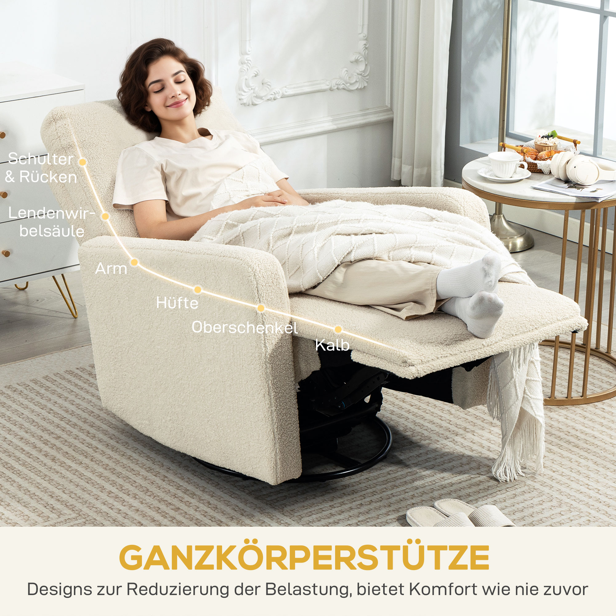 Recliner-Sessel, Entspannungssessel mit Fleece-Bezug, verstellbare Rückenlehne, Polstersessel, Stahl, Beige