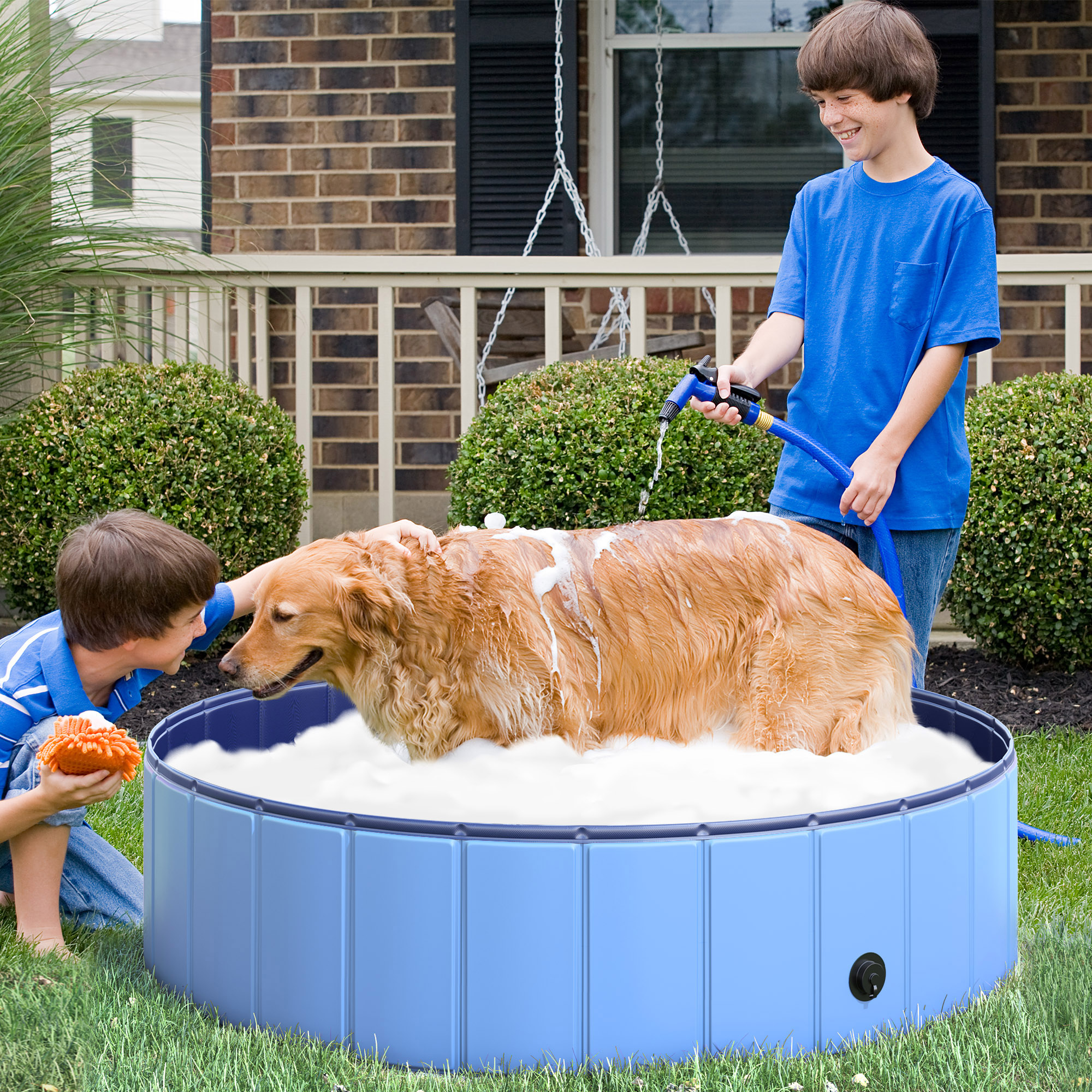 Hundebadewanne faltbar Badewanne Hundepool Plantschbecken Swimmingpool Wasserbecken für Hunde und Katzen Schwimmbecken Kunststoff+Holz Blau Ø120 x H30 cm
