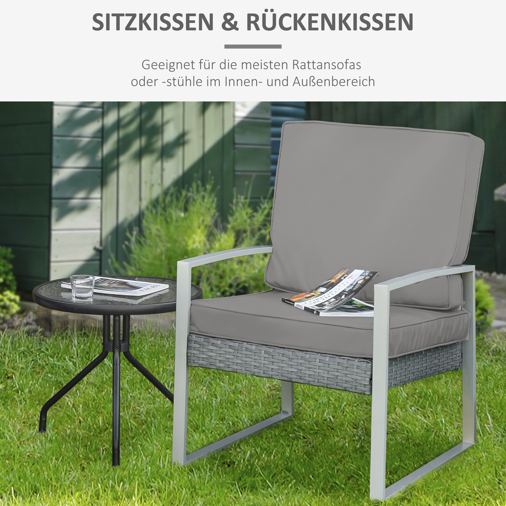 2 teilige Sitzkissen, 56 x 52 cm Stuhlkissen mit Reißverschluss, Stoffbezug, 7cm dick Polsterauflage, waschbar Hellgrau