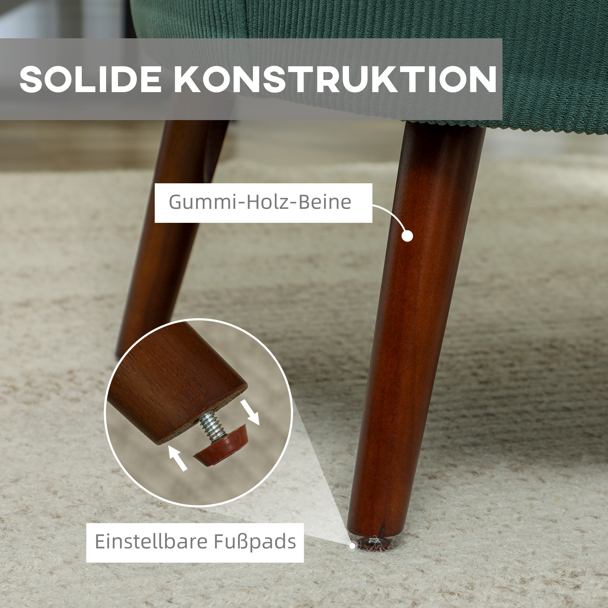 Moderner Armlehnstuhl, Gepolsterter Akzentstuhl mit Lendenkissen, Kautschukholzbeinen, Dunkelgrün