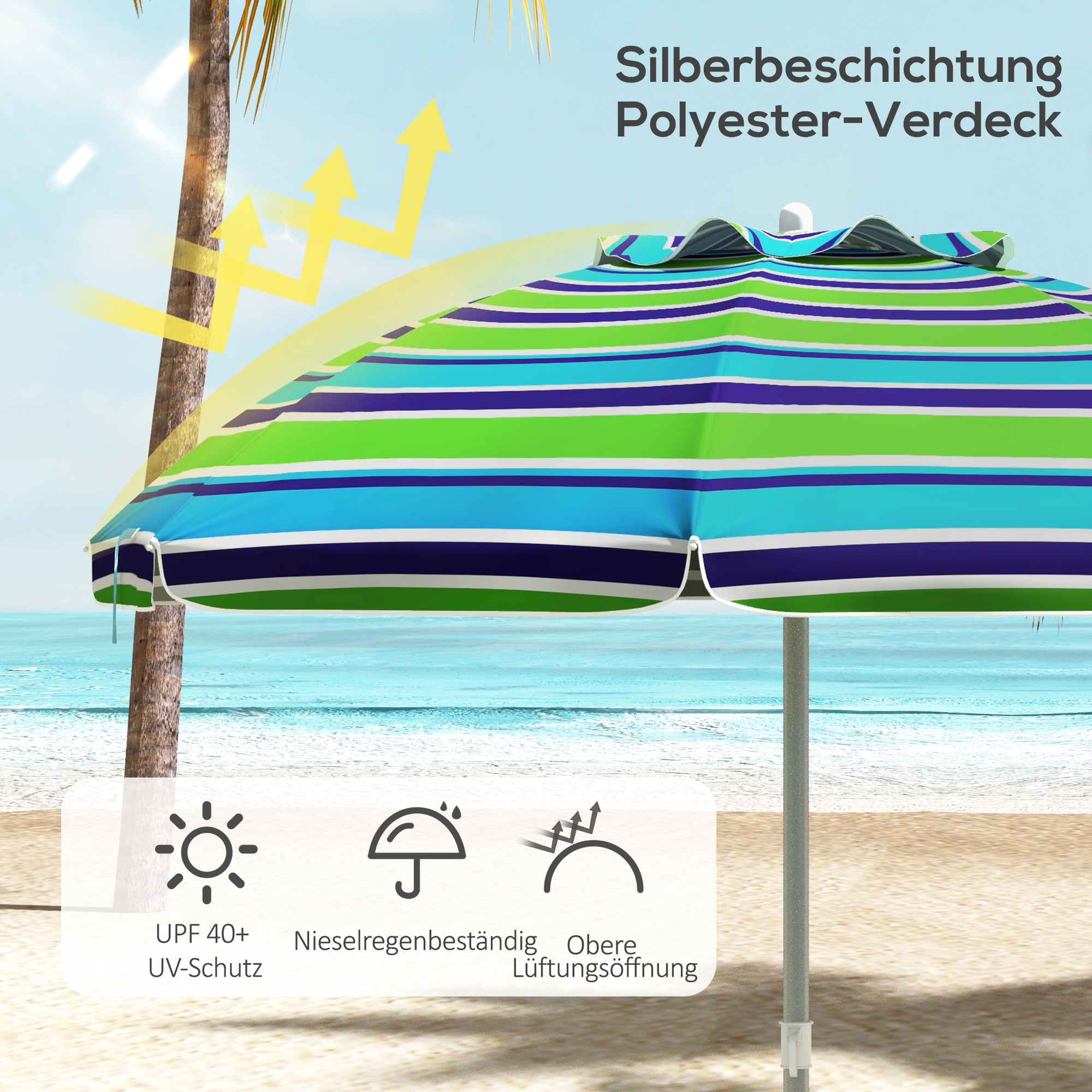 Sonnenschirm Strand Ø178 cm UV40+ windfest stabil höhenverstellbar Strandschirm mit Neigung Belüftung Tasche Mehrfarbig