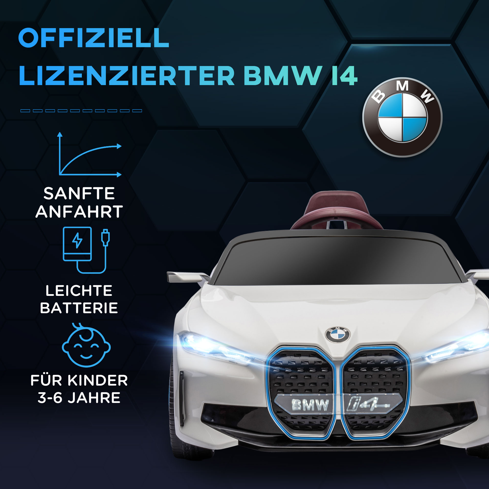 Kinderauto, aufladbarer Akku, 3-5 km/h, mit Fernbedienung, Multimedia-Player, weiß