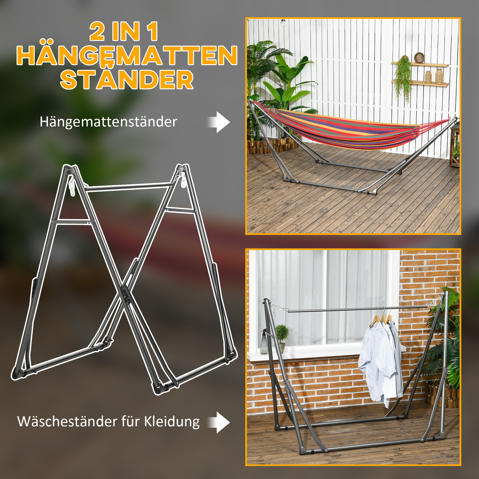 2-in-1 Hängemattenständer, wetterbeständig, Wäscheständer, 290 cm x 92 cm x 88 cm, Schwarz