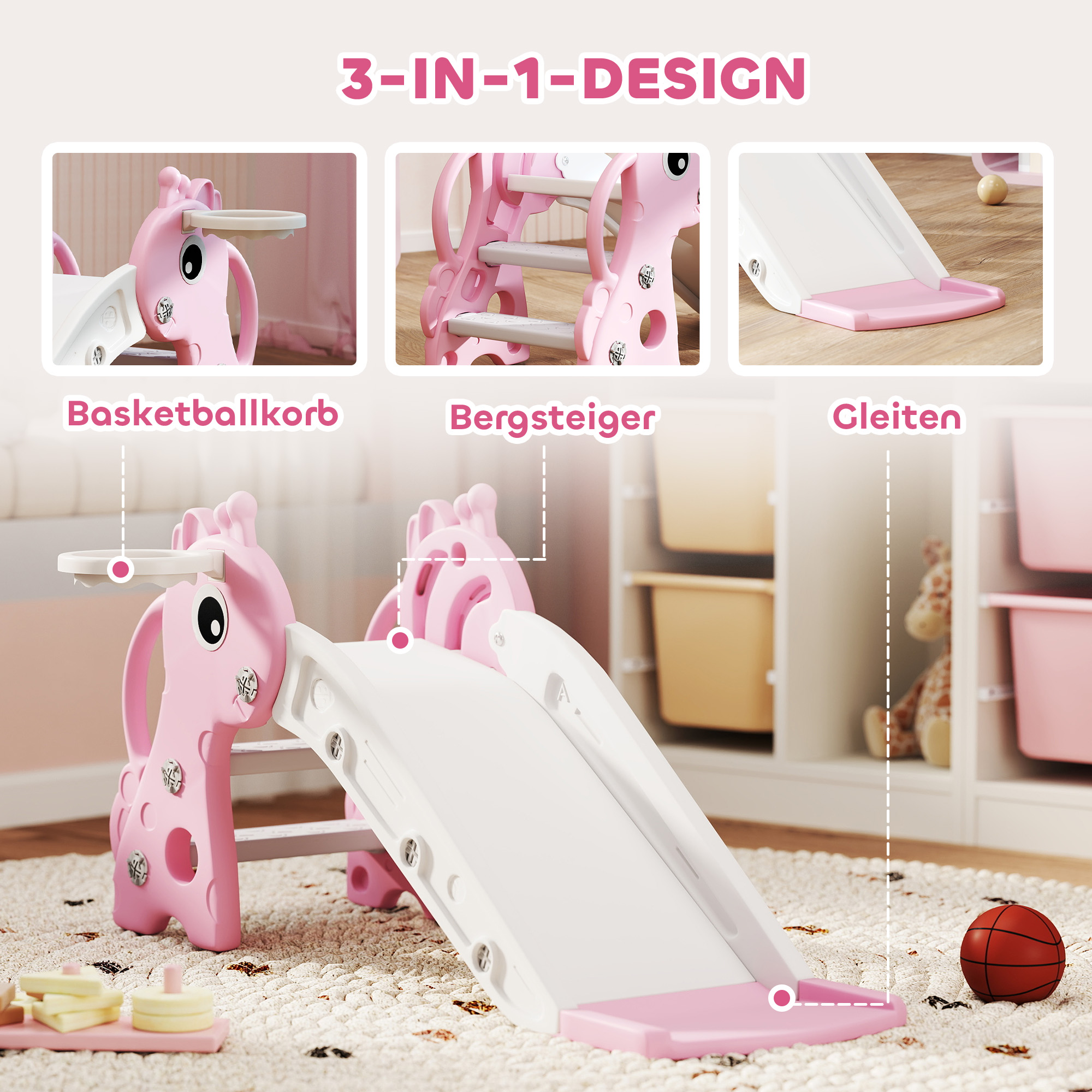 3-in-1 Rutsche für Kinder, Giraffenform, Basketballkorb, Ball, Rosa