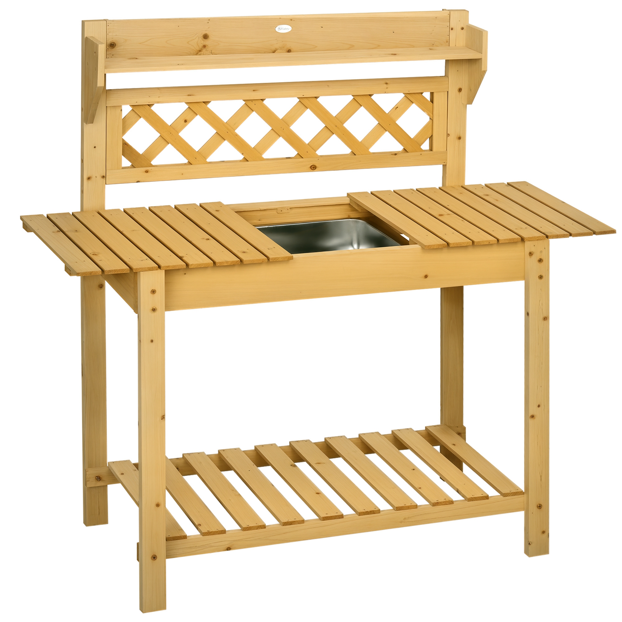 Garten-Arbeitstisch, integriertes Edelstahl-Spülbecken, 2 Ablagen, Massivholz, braun, 92 x 45 x 120 cm