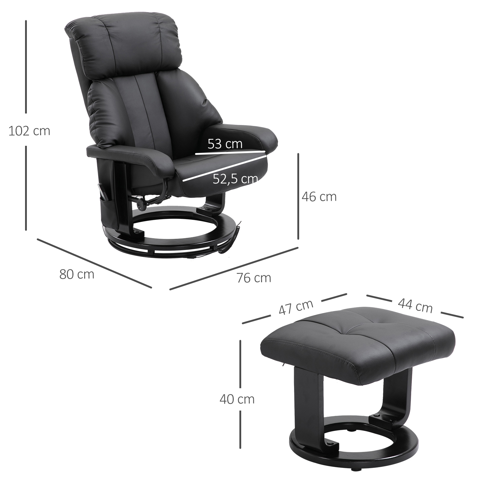 Relaxsessel mit Fußhocker, Massagesessel mit Liegefunktion, elektrischer Liegesessel mit Fernbedienung, Fernsehsessel mit Seitentasche, Kunstleder, schwarz