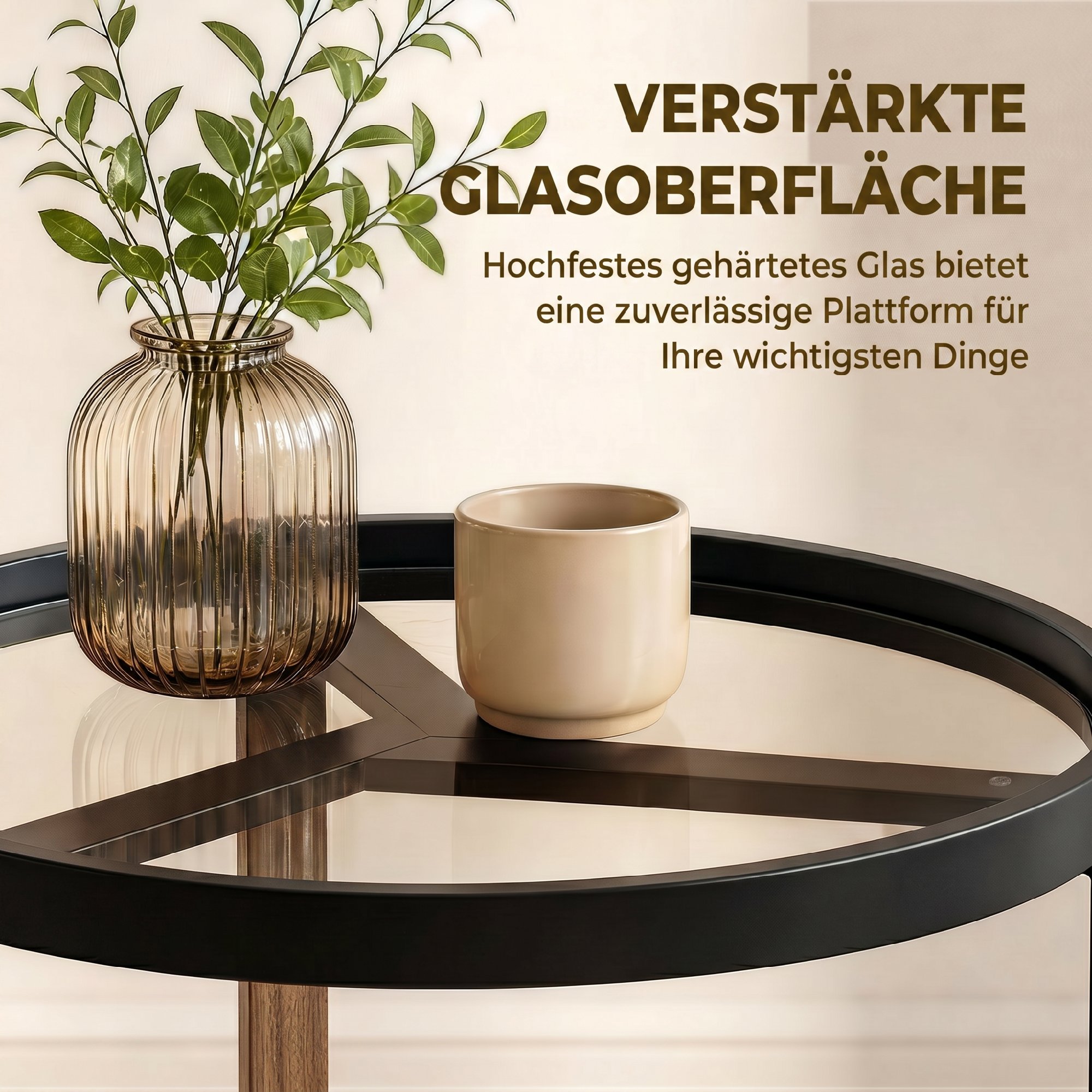 Runder Beistelltisch mit gehärteter Glasplatte und geometrischem Metallgestell für kleine Räume, Schwarz
